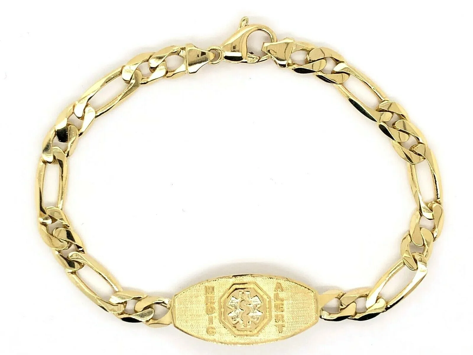 14k Yellow Gold Figaro Link Chain Medical Alert ID Bracelet 7" - 9" 13.5mm