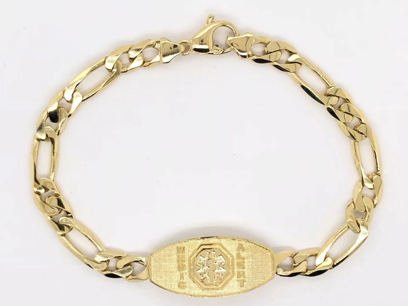 14k Yellow Gold Figaro Link Chain Medical Alert ID Bracelet 7" - 9" 13.5mm