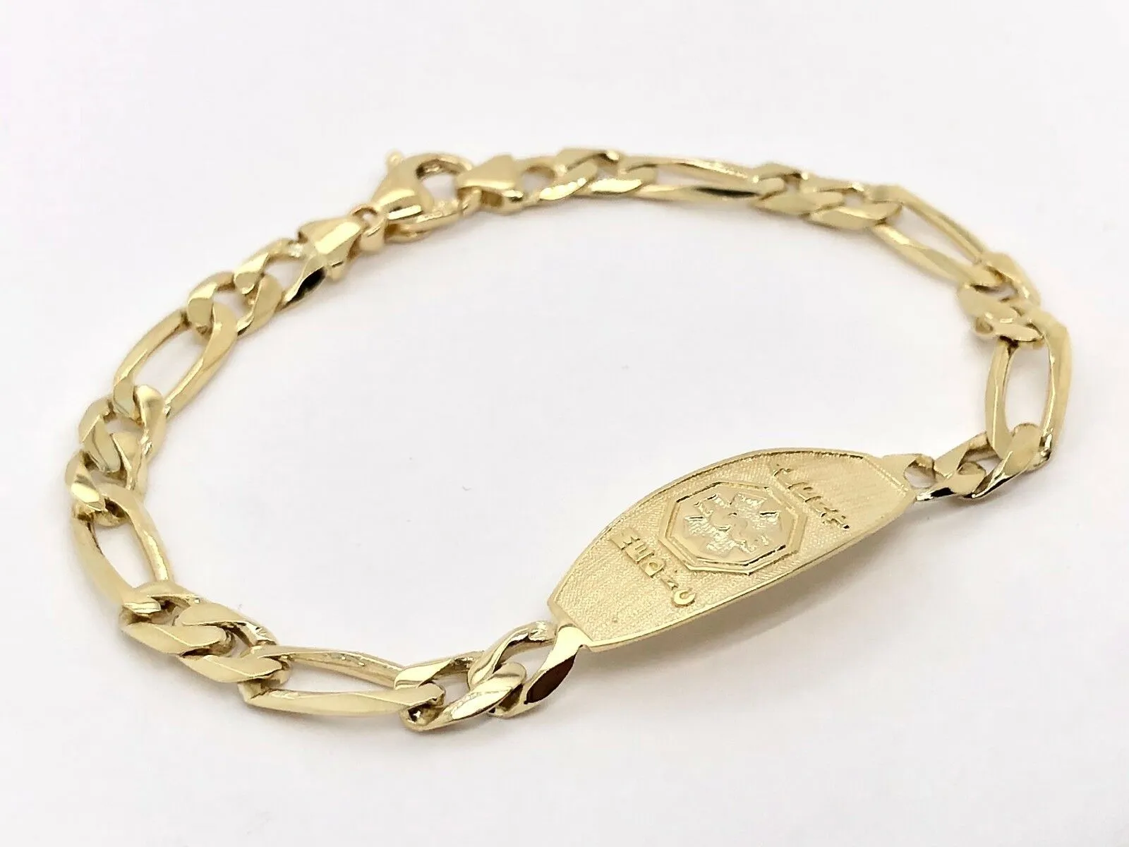 14k Yellow Gold Figaro Link Chain Medical Alert ID Bracelet 7" - 9" 13.5mm