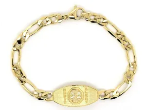 14k Yellow Gold Figaro Link Chain Medical Alert ID Bracelet 7" - 9" 13.5mm