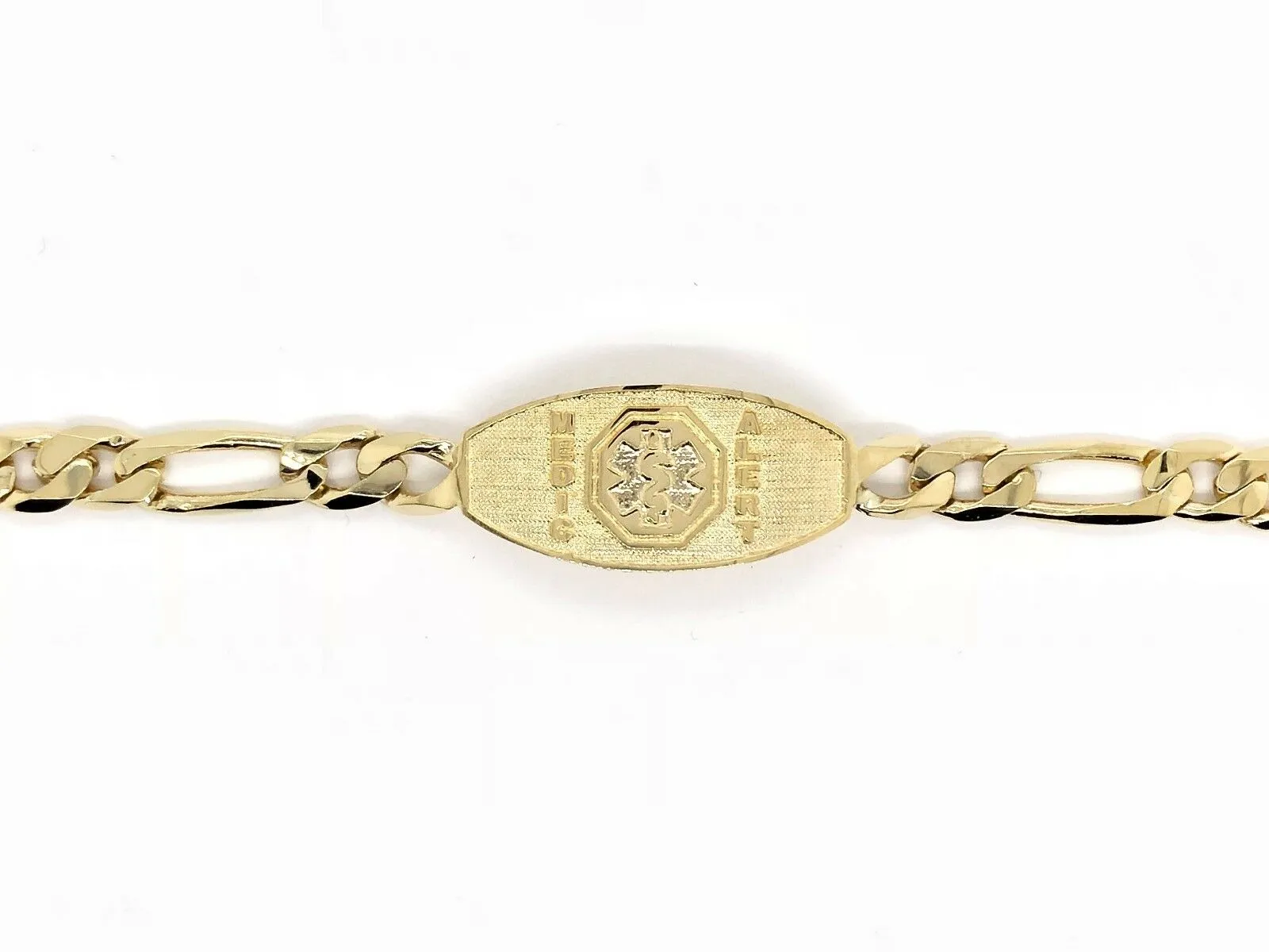 14k Yellow Gold Figaro Link Chain Medical Alert ID Bracelet 7" - 9" 13.5mm