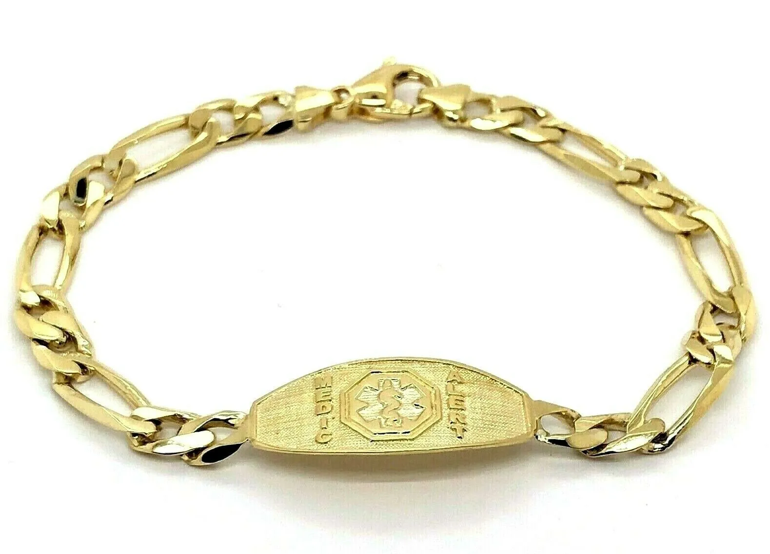 14k Yellow Gold Figaro Link Chain Medical Alert ID Bracelet 7" - 9" 13.5mm