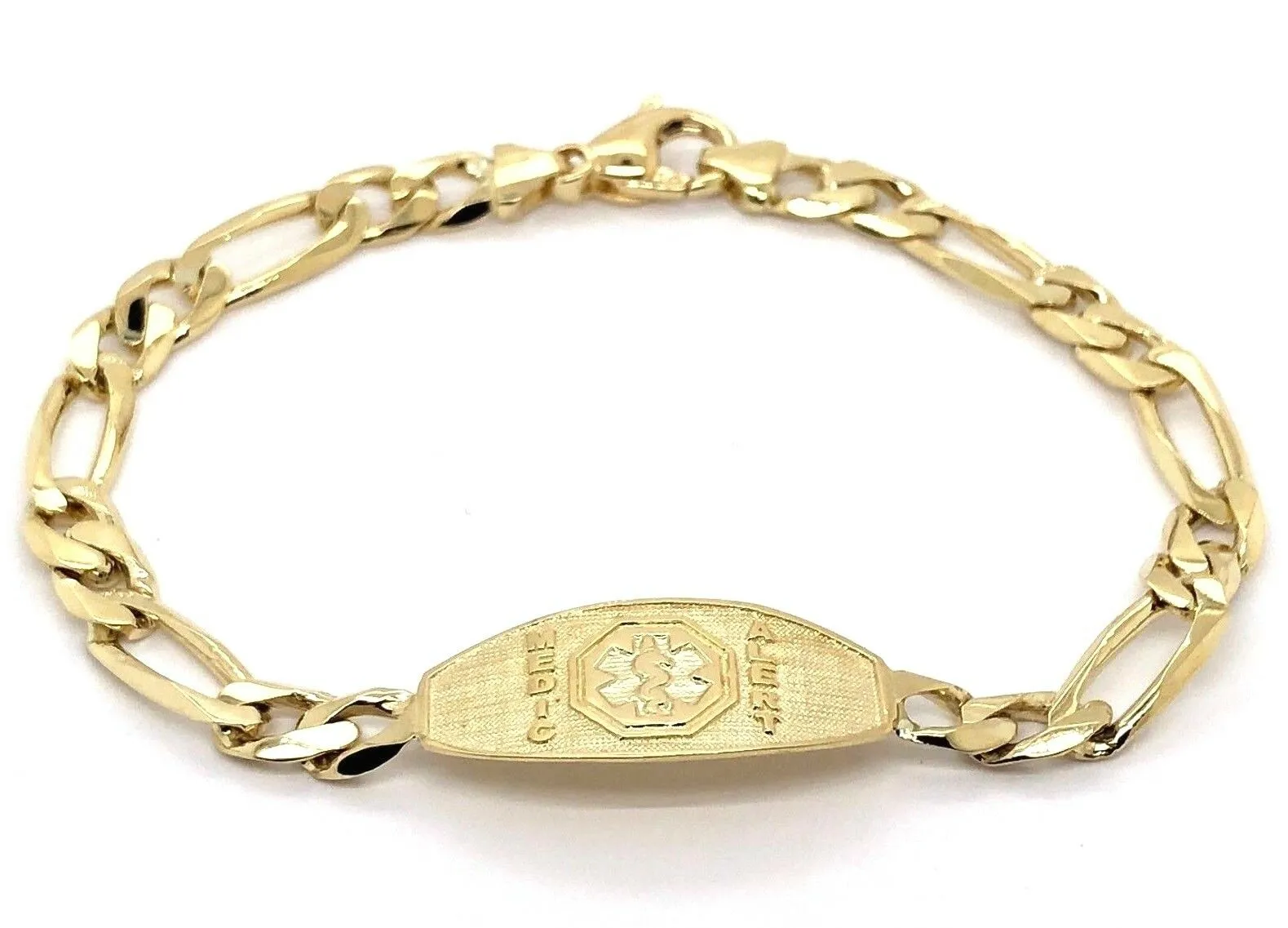 14k Yellow Gold Figaro Link Chain Medical Alert ID Bracelet 7" - 9" 13.5mm