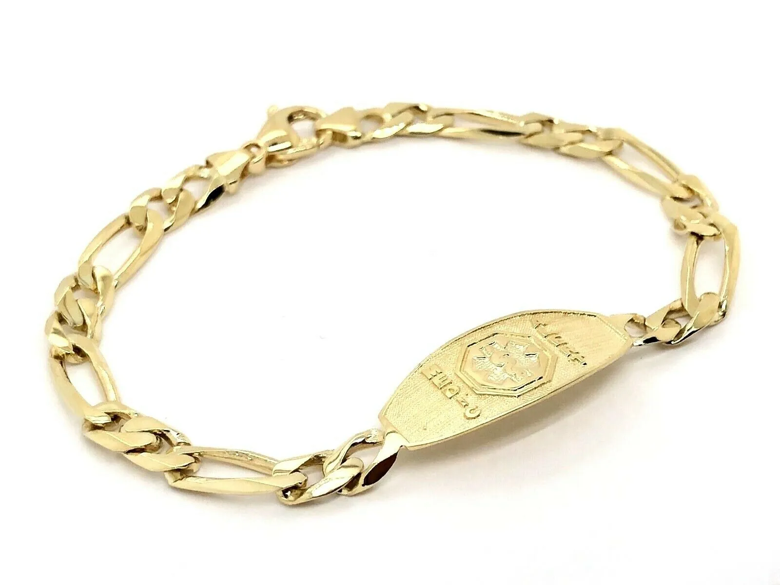 14k Yellow Gold Figaro Link Chain Medical Alert ID Bracelet 7" - 9" 13.5mm