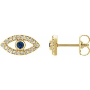 14K Yellow Natural Blue Sapphire & Natural White Sapphire Evil Eye Earrings