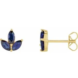 14K Yellow Natural Blue Sapphire Cluster Earrings
