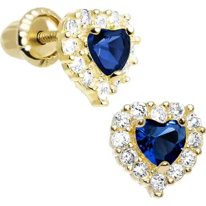 14kt Yellow Gold Heart CZ September Birthstone Youth Screwback Earrings