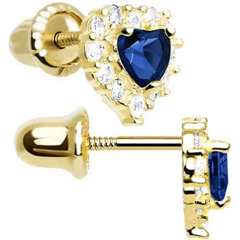 14kt Yellow Gold Heart CZ September Birthstone Youth Screwback Earrings