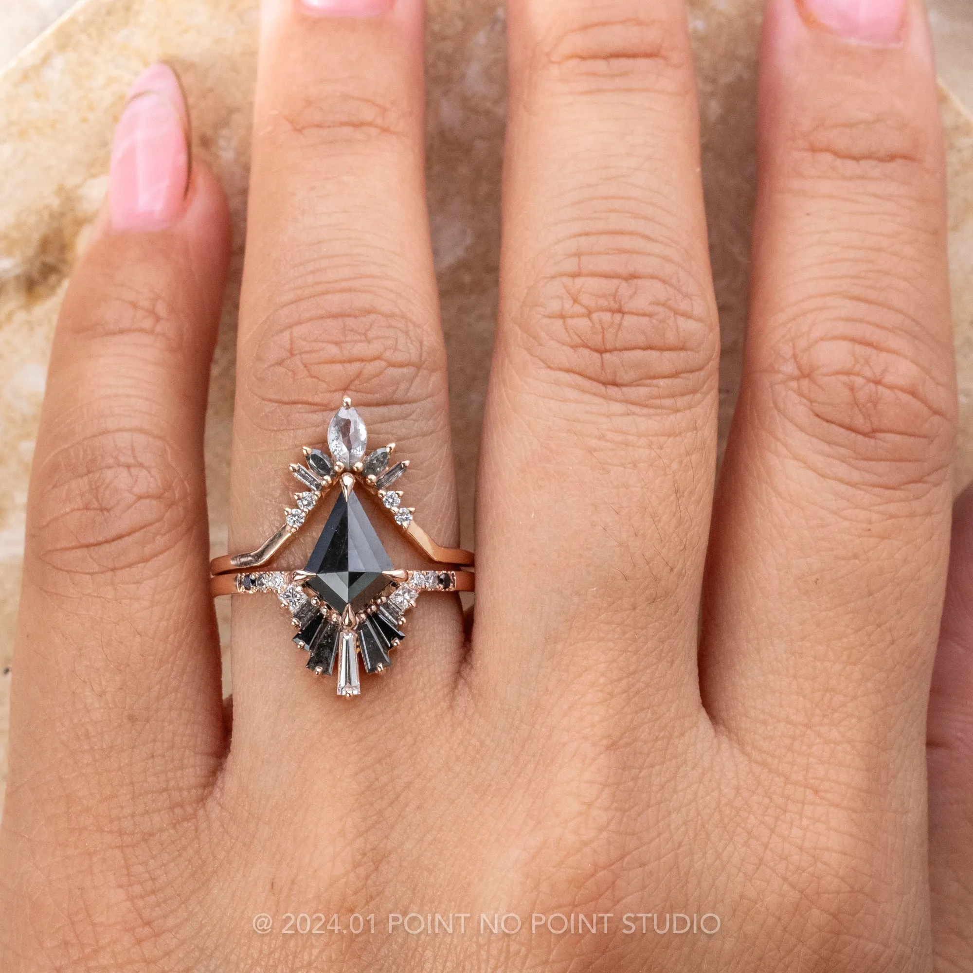 1.57 Carat Black Kite Diamond Engagement Ring, Ombre Wren Setting, 14k Rose Gold