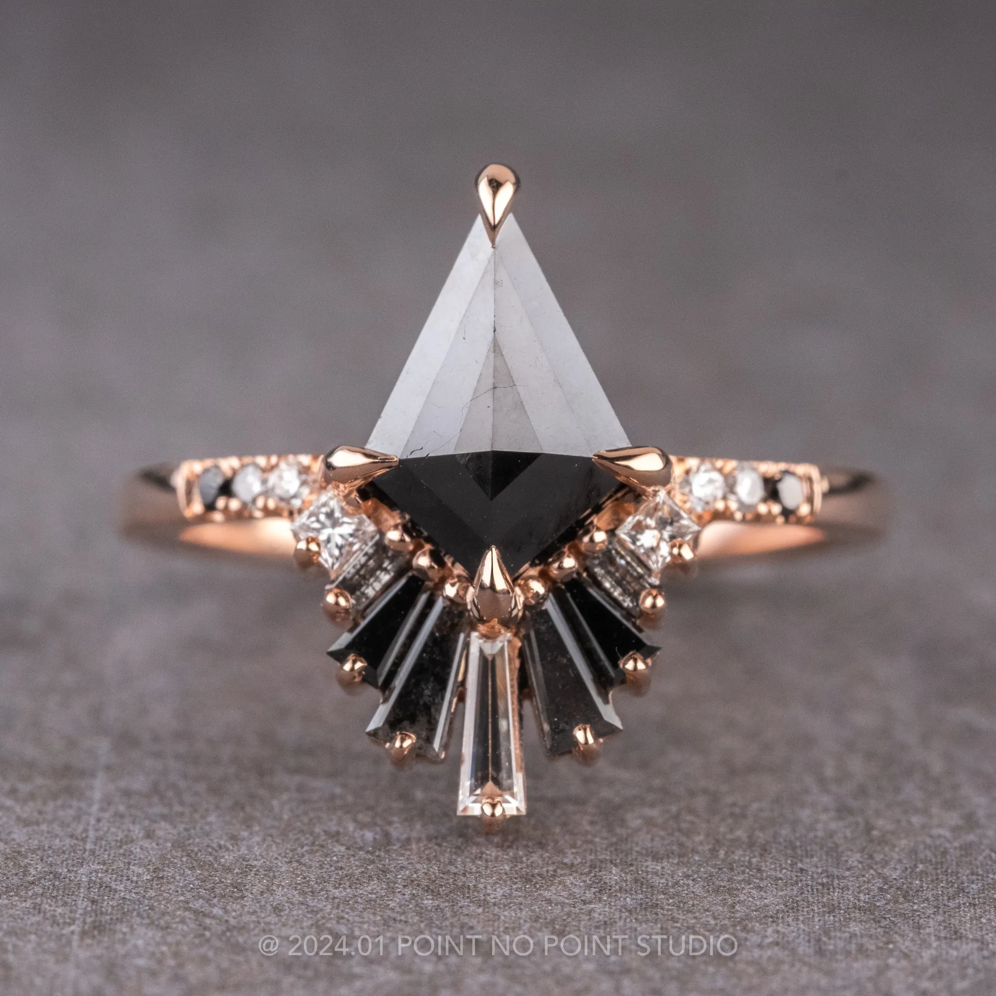 1.57 Carat Black Kite Diamond Engagement Ring, Ombre Wren Setting, 14k Rose Gold