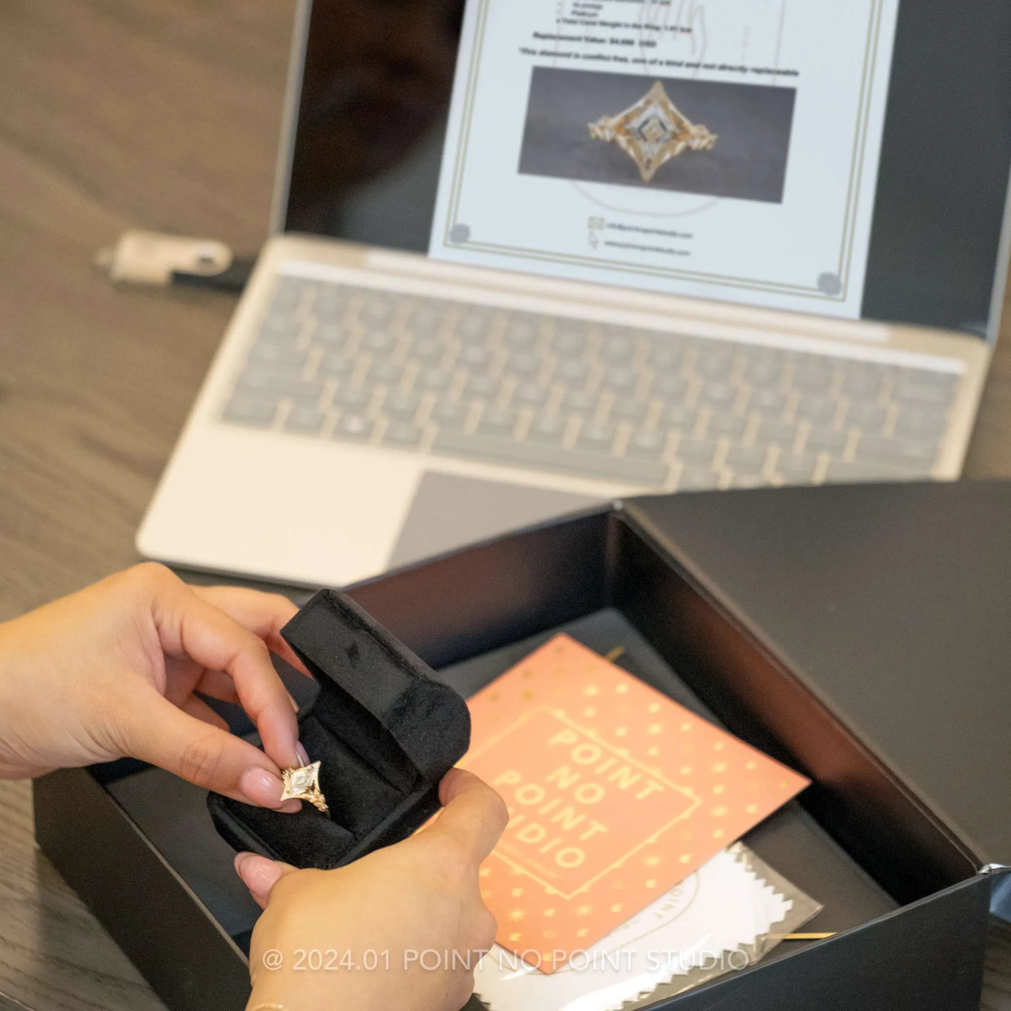 1.57 Carat Black Kite Diamond Engagement Ring, Ombre Wren Setting, 14k Rose Gold