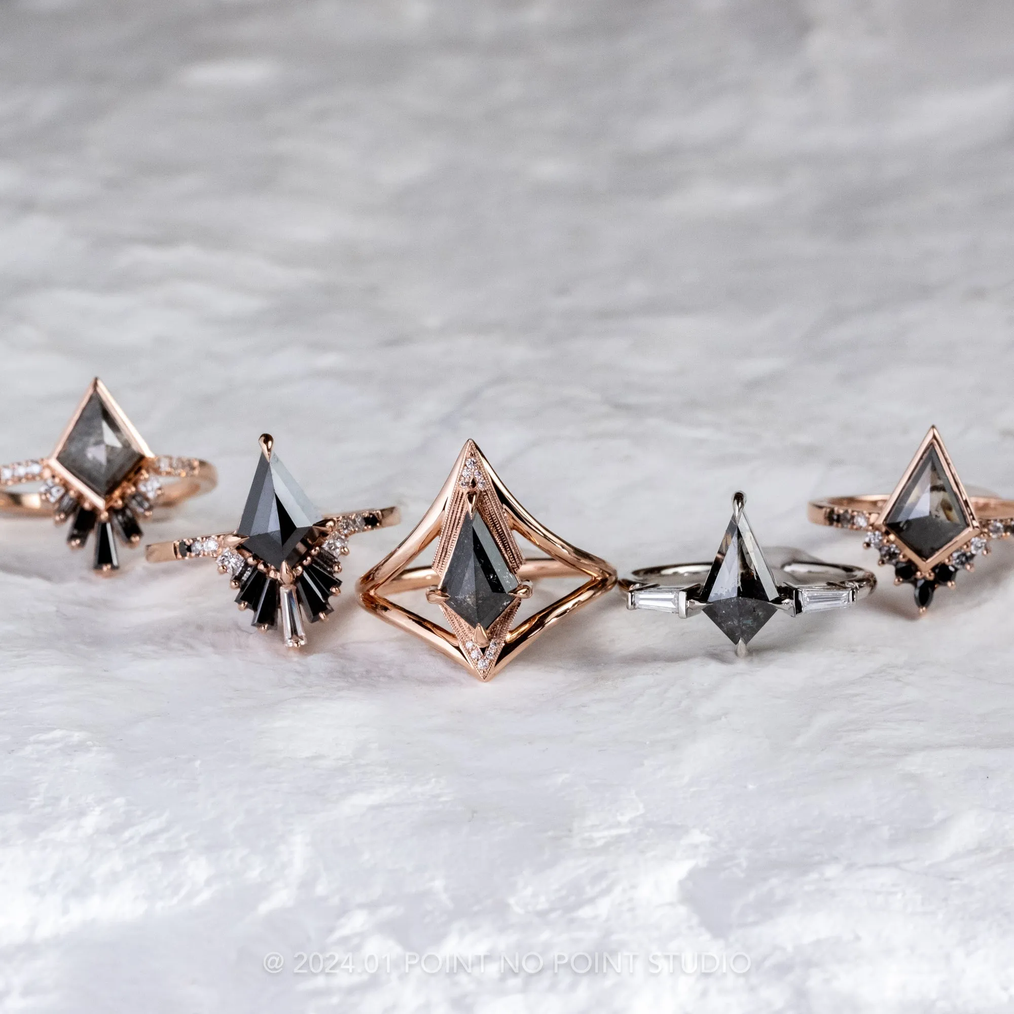 1.57 Carat Black Kite Diamond Engagement Ring, Ombre Wren Setting, 14k Rose Gold