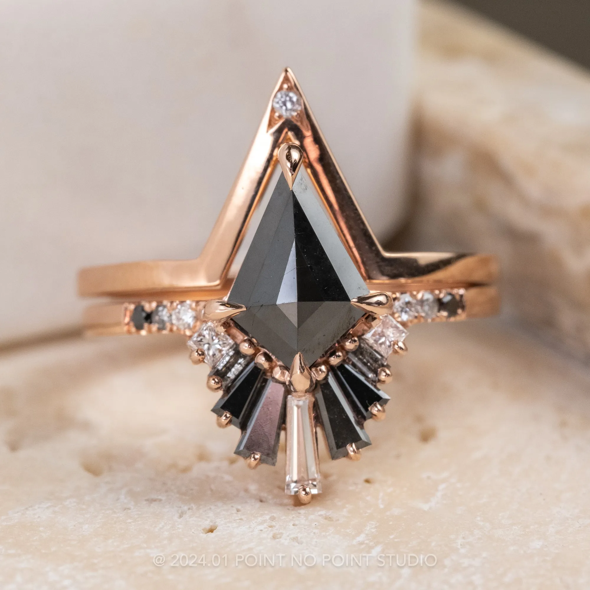 1.57 Carat Black Kite Diamond Engagement Ring, Ombre Wren Setting, 14k Rose Gold