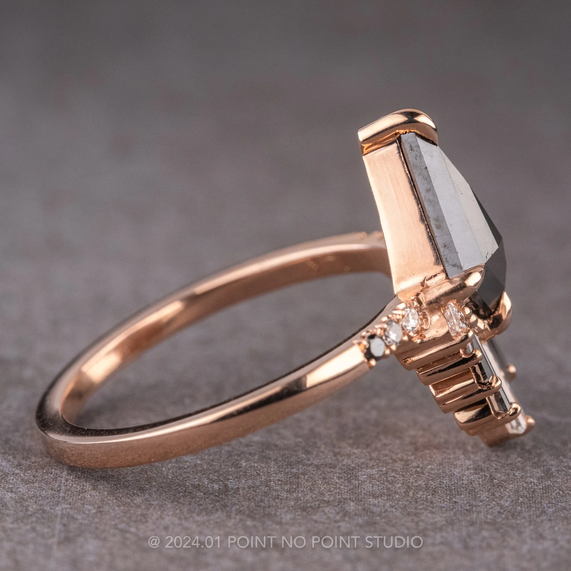 1.57 Carat Black Kite Diamond Engagement Ring, Ombre Wren Setting, 14k Rose Gold
