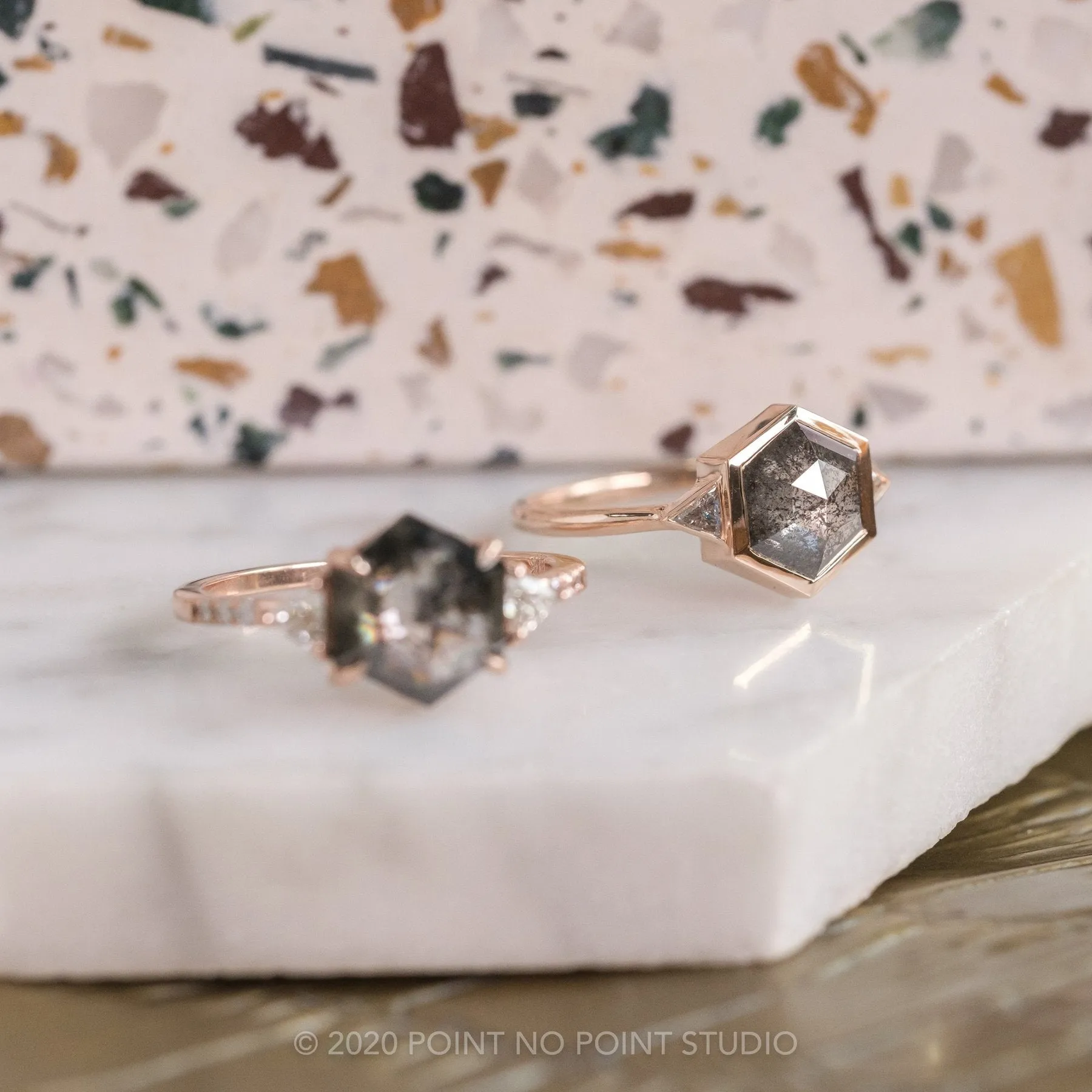1.58 Carat Black Speckled Hexagon Diamond Engagement Ring, Bezel Zoe Setting, 14K Rose Gold