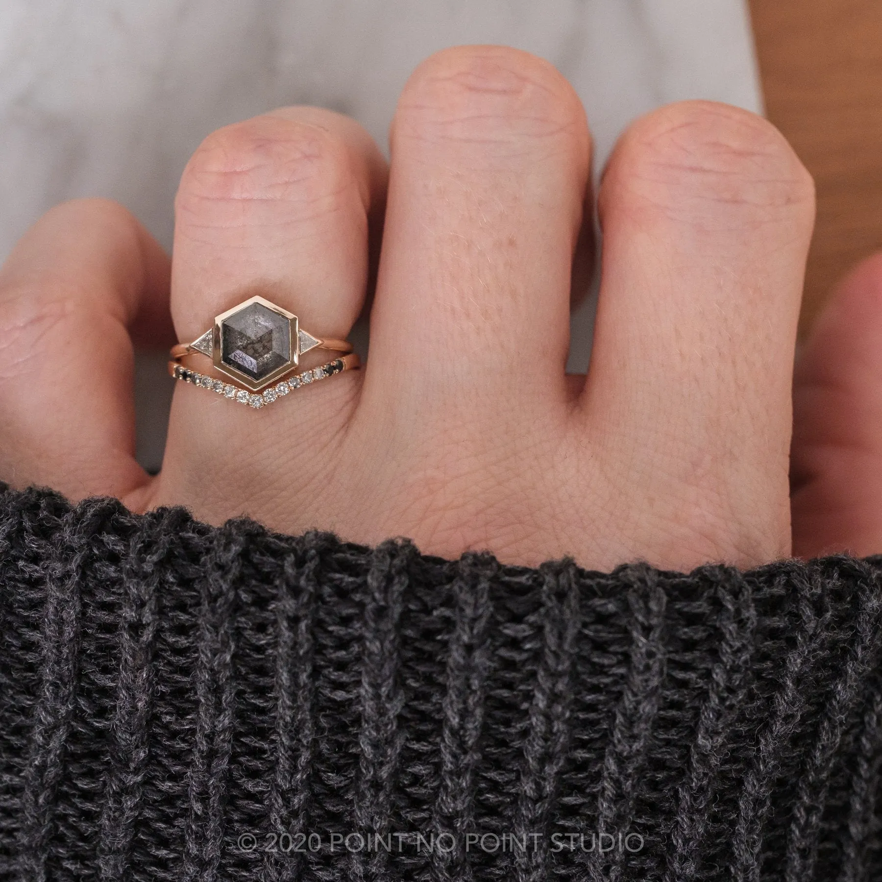 1.58 Carat Black Speckled Hexagon Diamond Engagement Ring, Bezel Zoe Setting, 14K Rose Gold