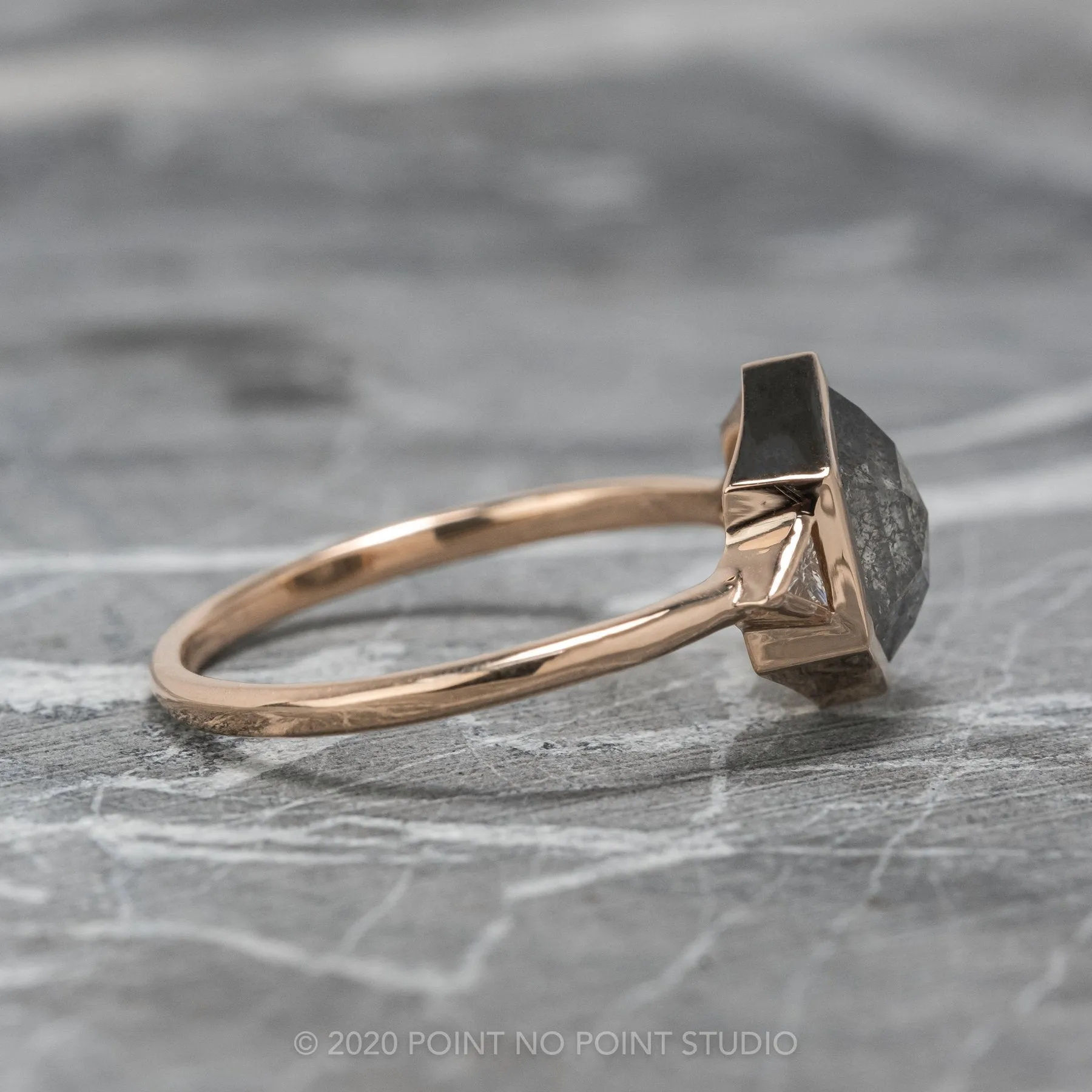1.58 Carat Black Speckled Hexagon Diamond Engagement Ring, Bezel Zoe Setting, 14K Rose Gold