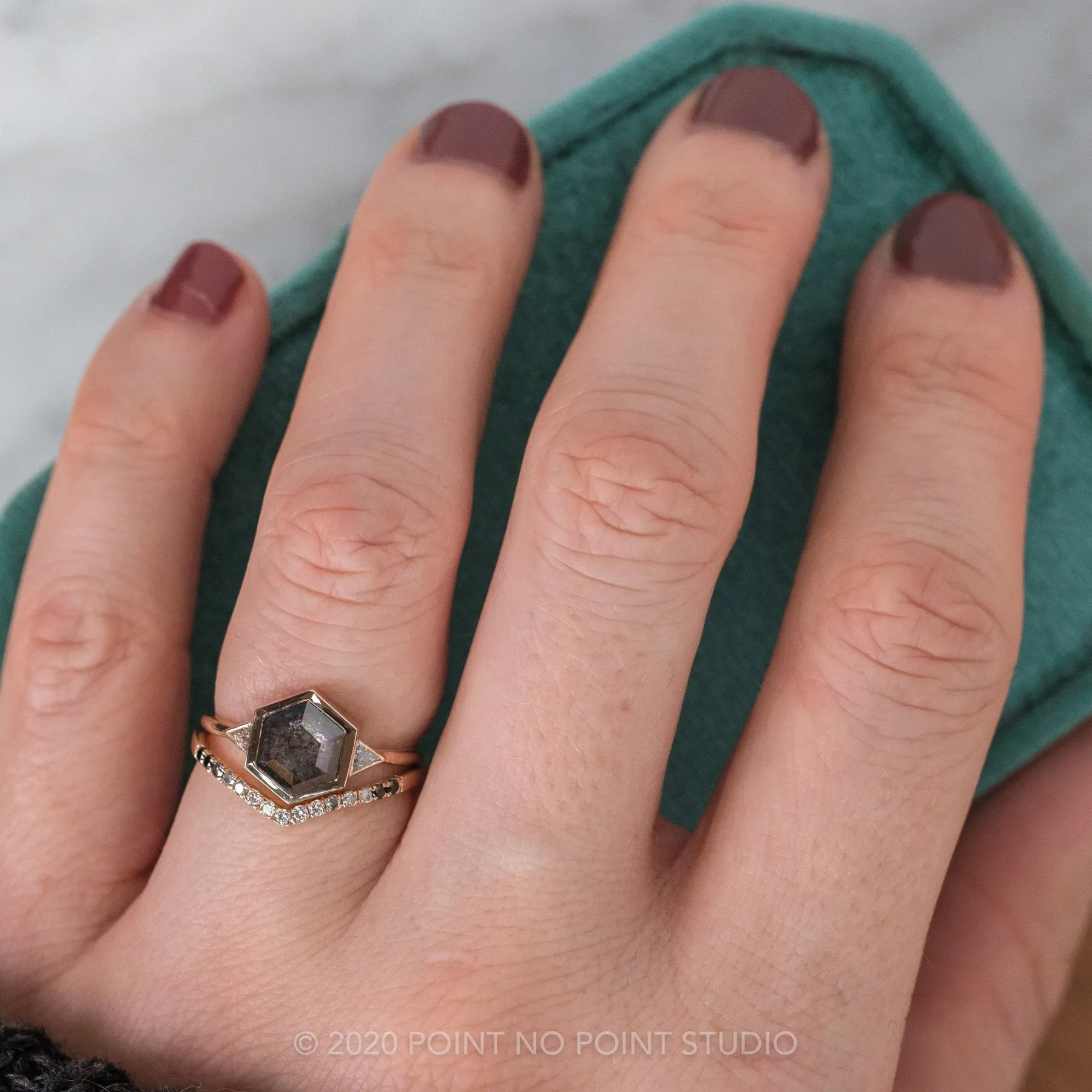 1.58 Carat Black Speckled Hexagon Diamond Engagement Ring, Bezel Zoe Setting, 14K Rose Gold