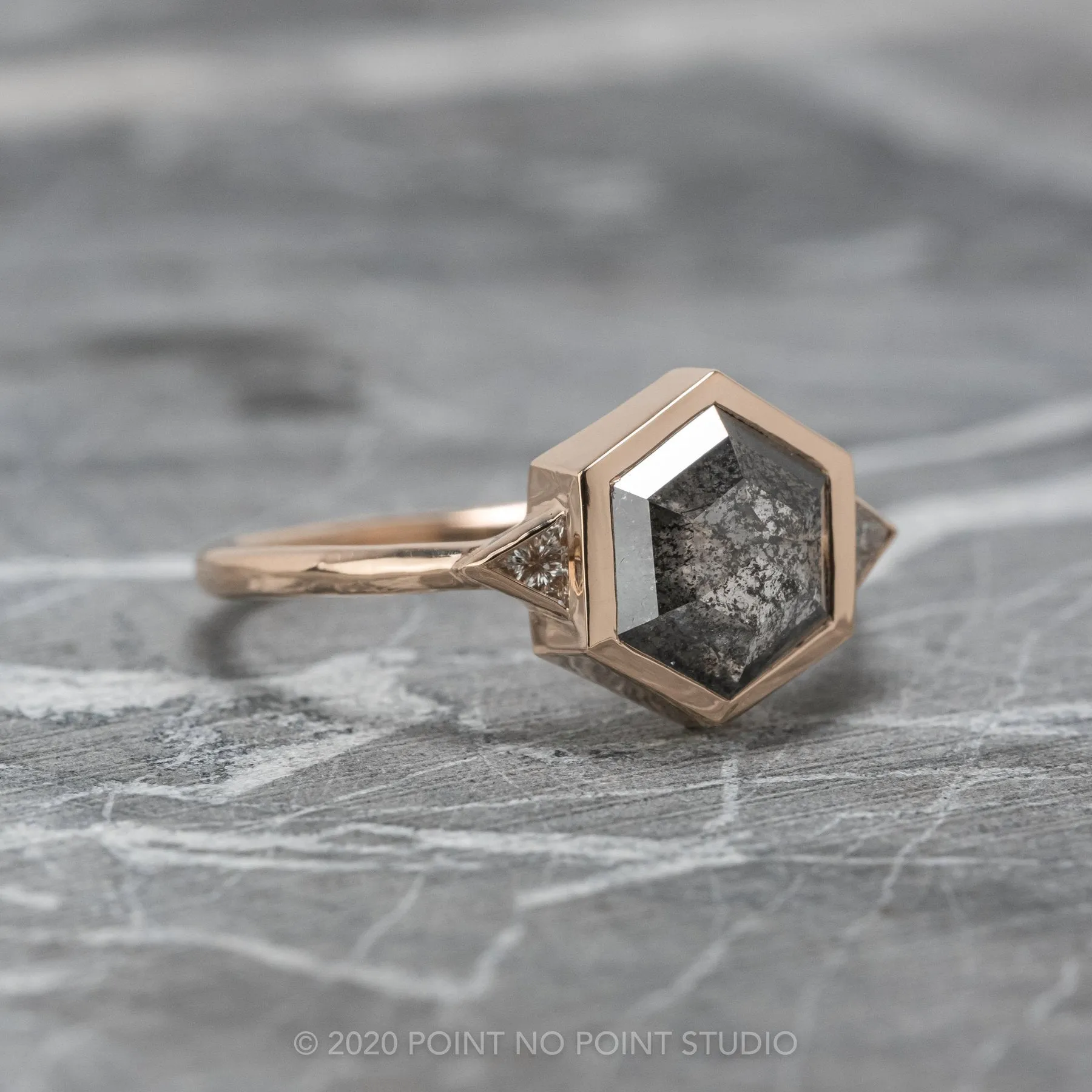 1.58 Carat Black Speckled Hexagon Diamond Engagement Ring, Bezel Zoe Setting, 14K Rose Gold