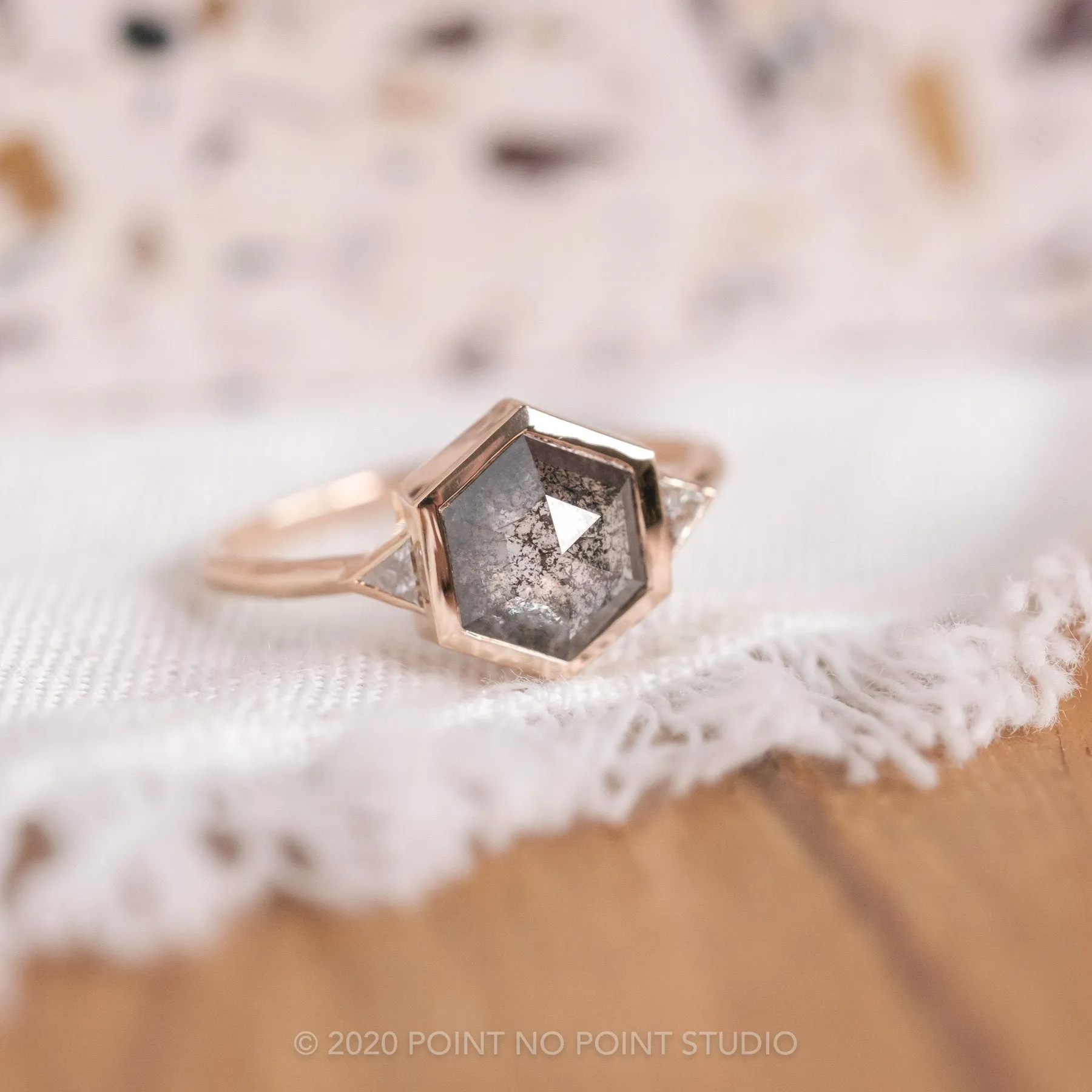 1.58 Carat Black Speckled Hexagon Diamond Engagement Ring, Bezel Zoe Setting, 14K Rose Gold