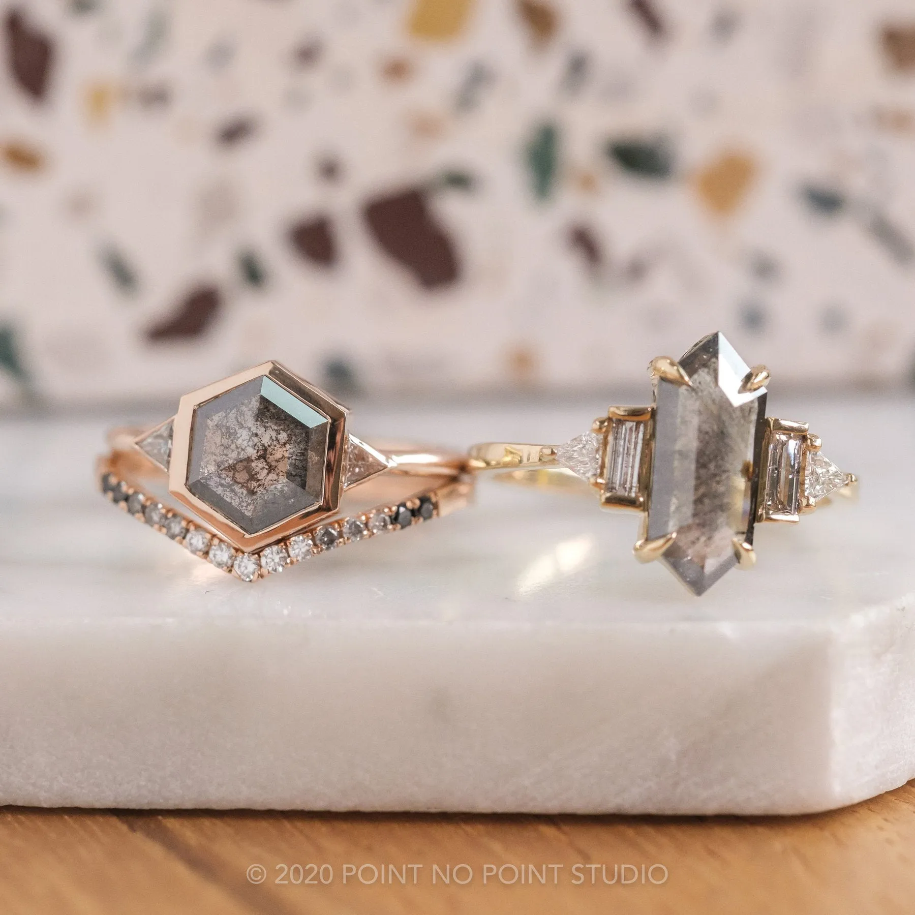 1.58 Carat Black Speckled Hexagon Diamond Engagement Ring, Bezel Zoe Setting, 14K Rose Gold