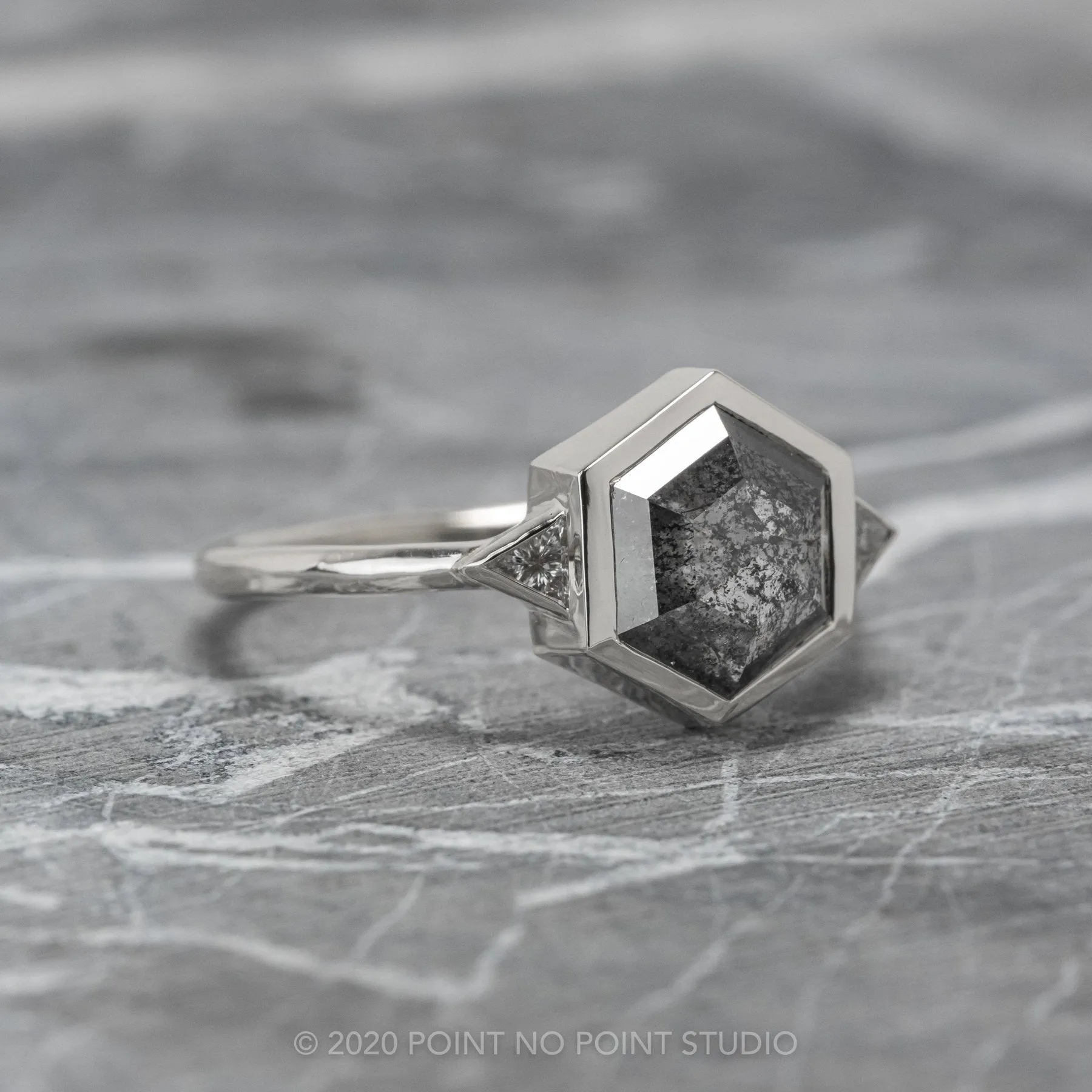 1.58 Carat Black Speckled Hexagon Diamond Engagement Ring, Bezel Zoe Setting, Platinum