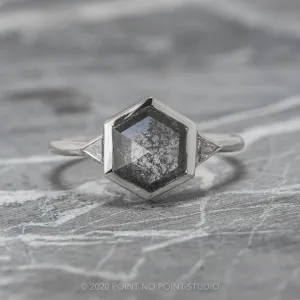 1.58 Carat Black Speckled Hexagon Diamond Engagement Ring, Bezel Zoe Setting, Platinum