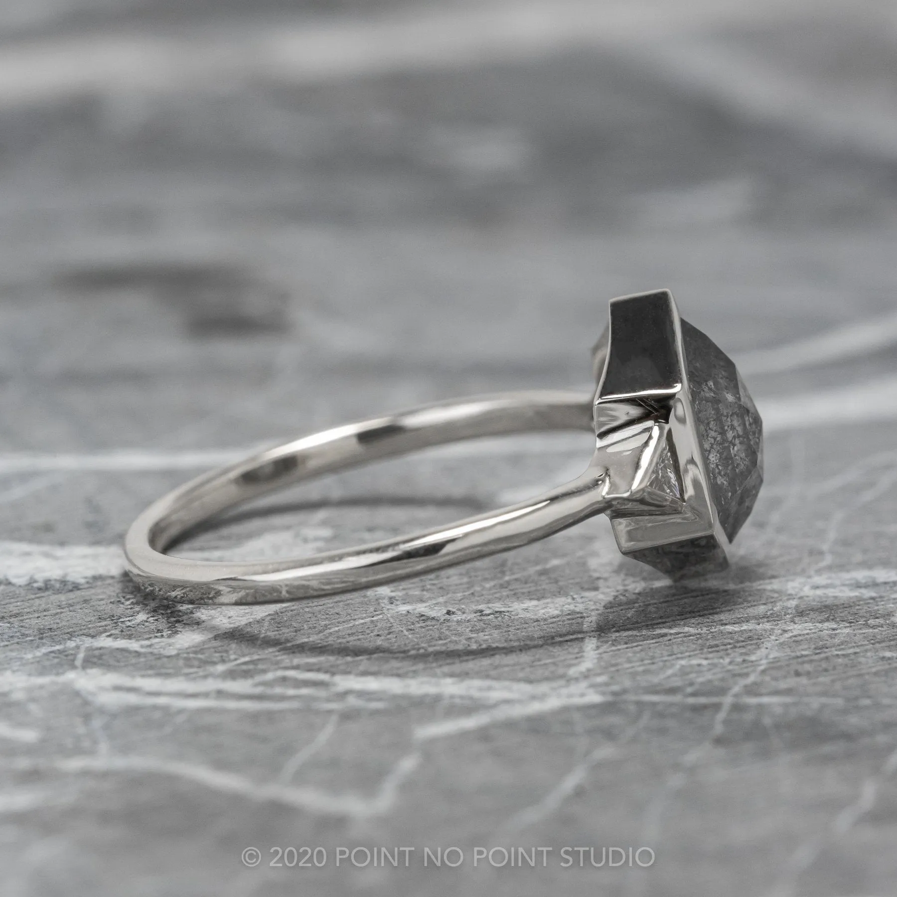 1.58 Carat Black Speckled Hexagon Diamond Engagement Ring, Bezel Zoe Setting, Platinum