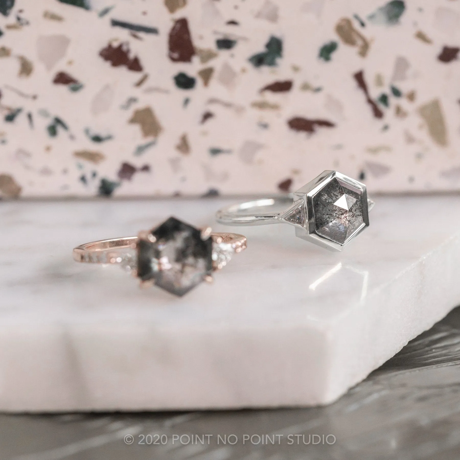 1.58 Carat Black Speckled Hexagon Diamond Engagement Ring, Bezel Zoe Setting, Platinum