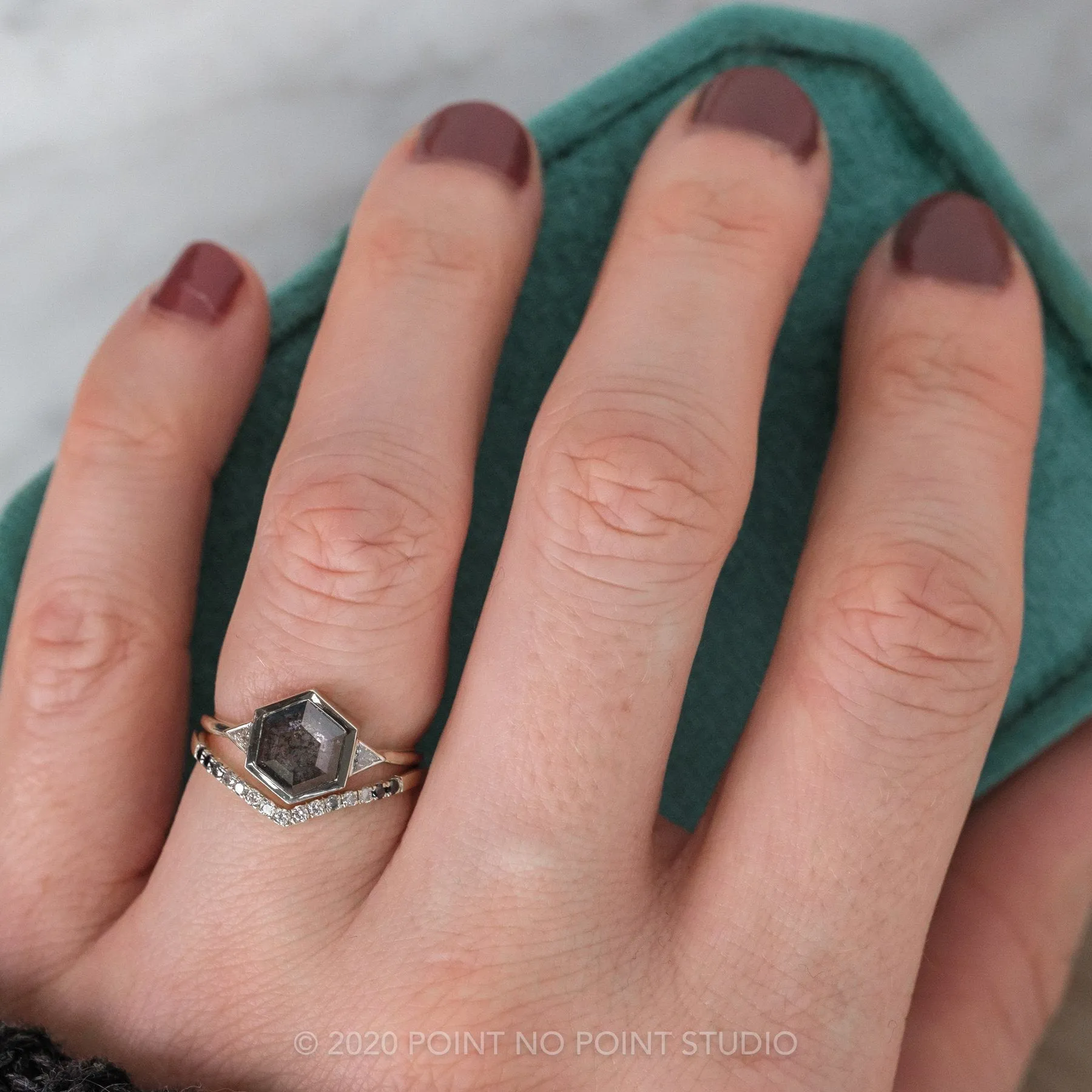 1.58 Carat Black Speckled Hexagon Diamond Engagement Ring, Bezel Zoe Setting, Platinum