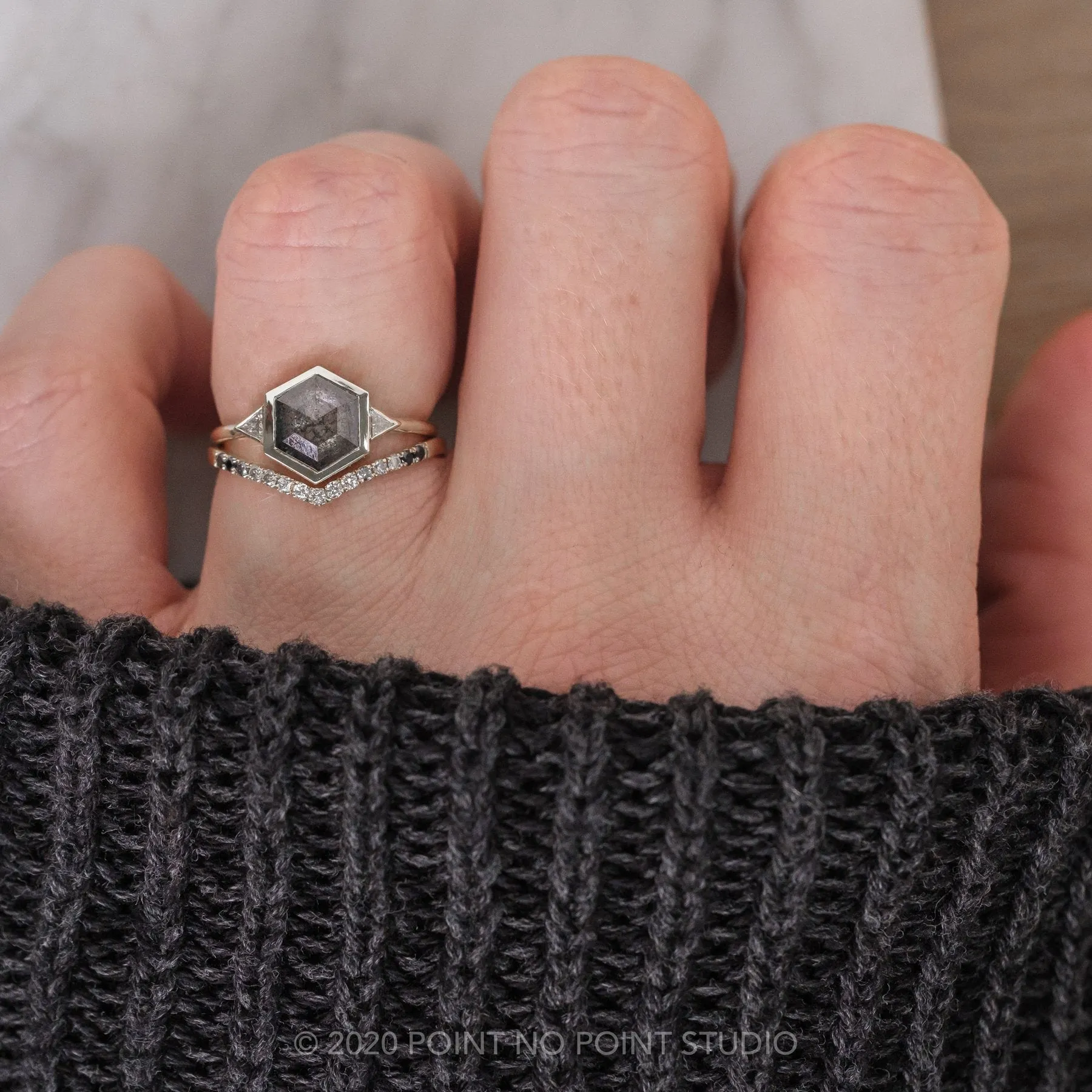 1.58 Carat Black Speckled Hexagon Diamond Engagement Ring, Bezel Zoe Setting, Platinum