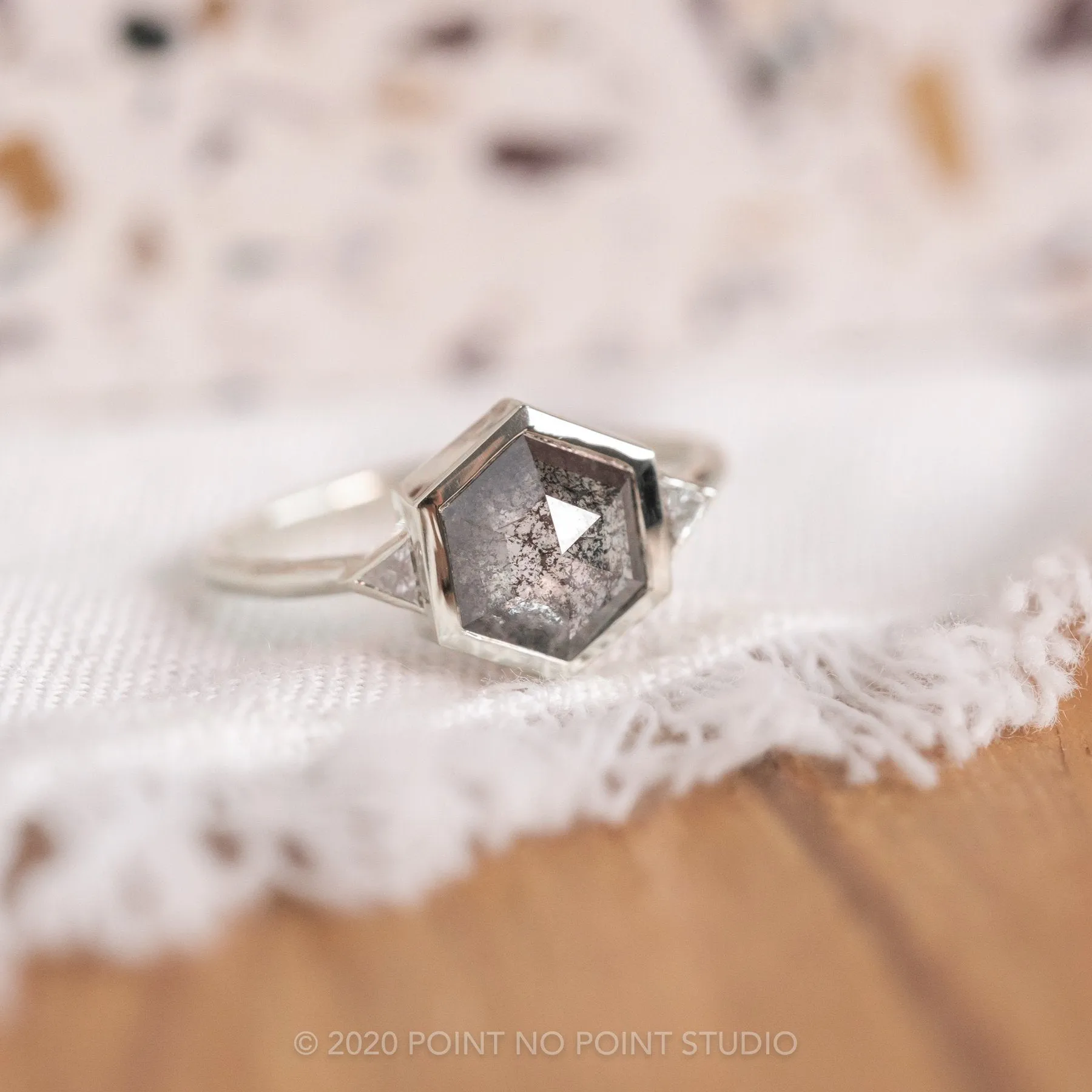 1.58 Carat Black Speckled Hexagon Diamond Engagement Ring, Bezel Zoe Setting, Platinum