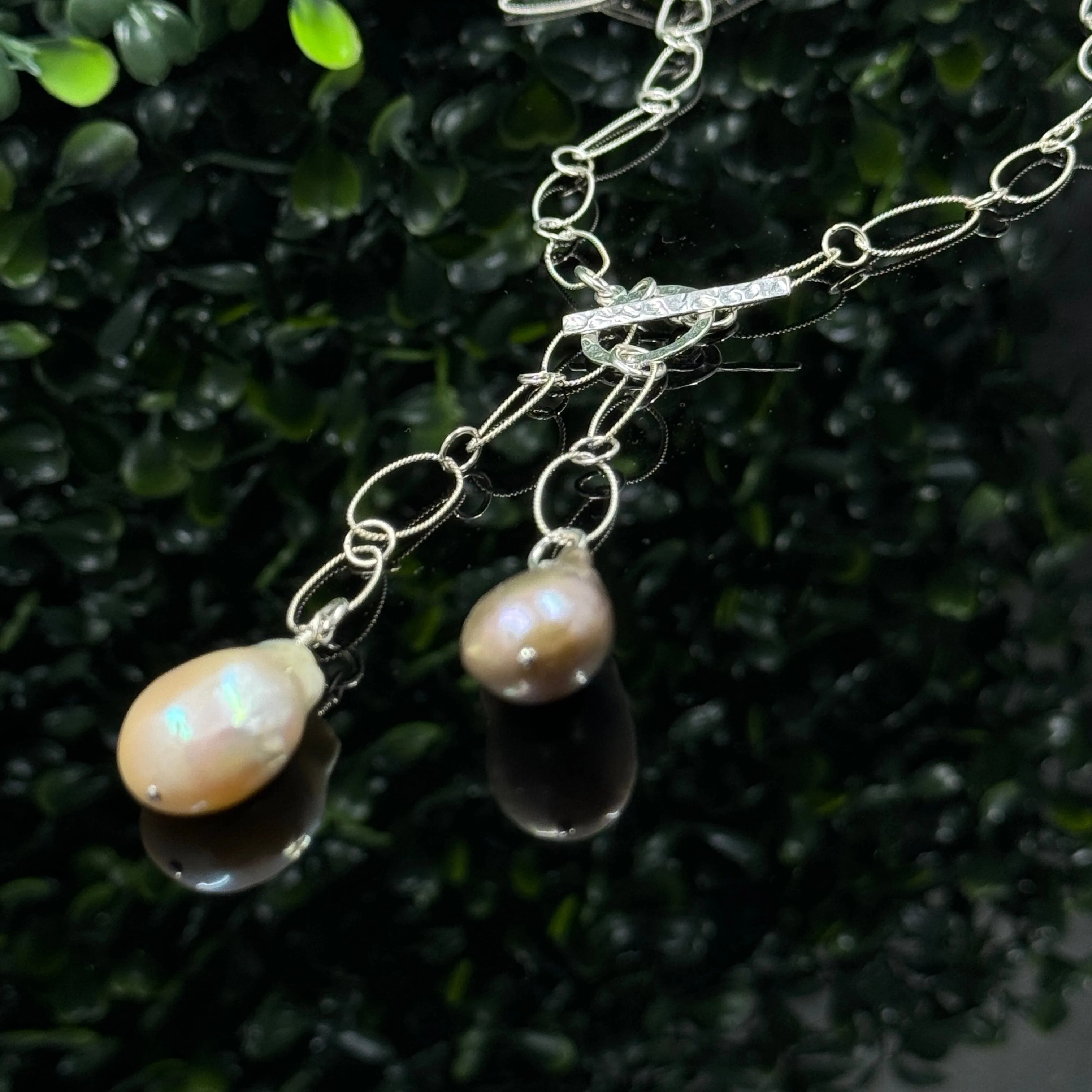 16-Inch Sterling Silver Lariat Necklace with Dual Baroque Pearls