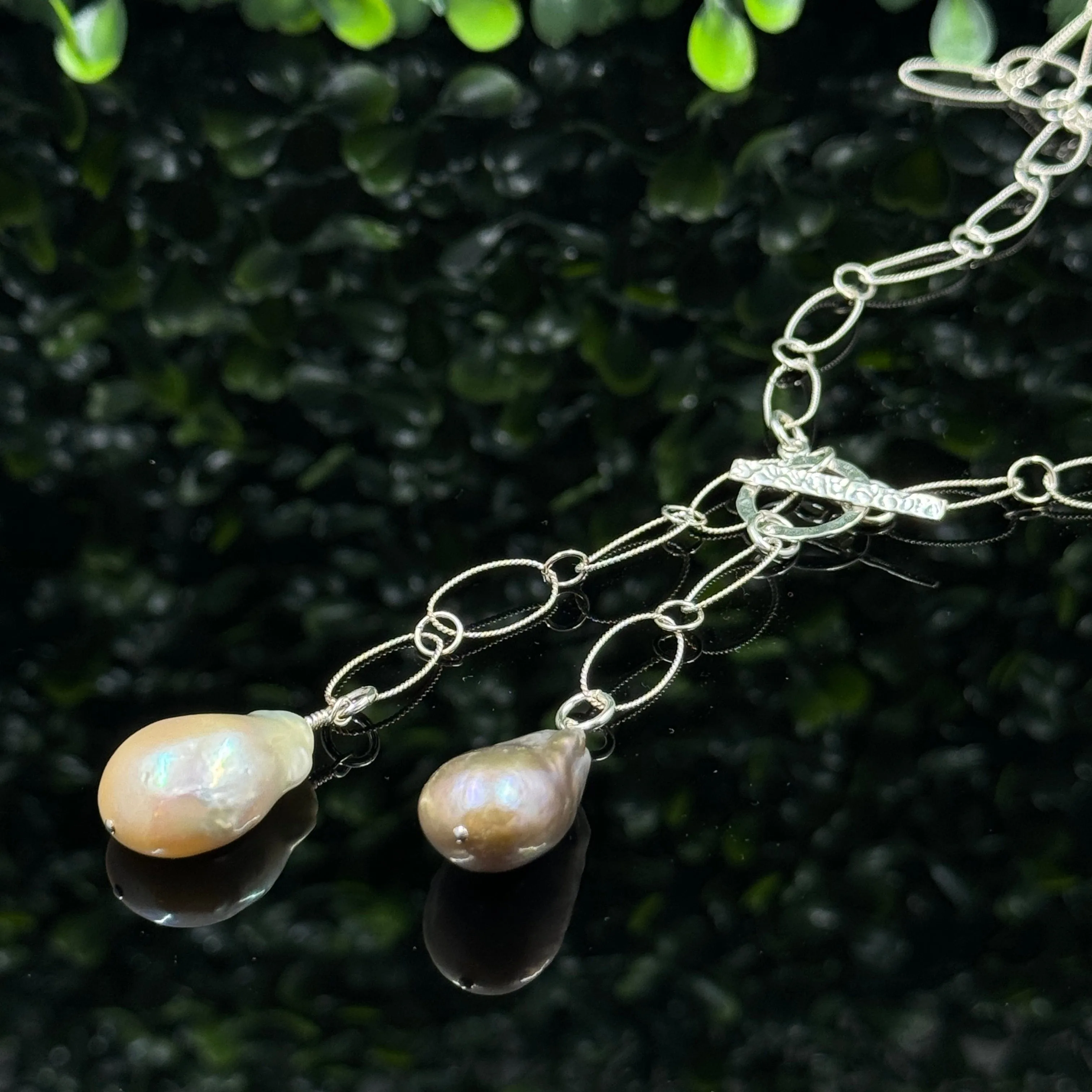 16-Inch Sterling Silver Lariat Necklace with Dual Baroque Pearls