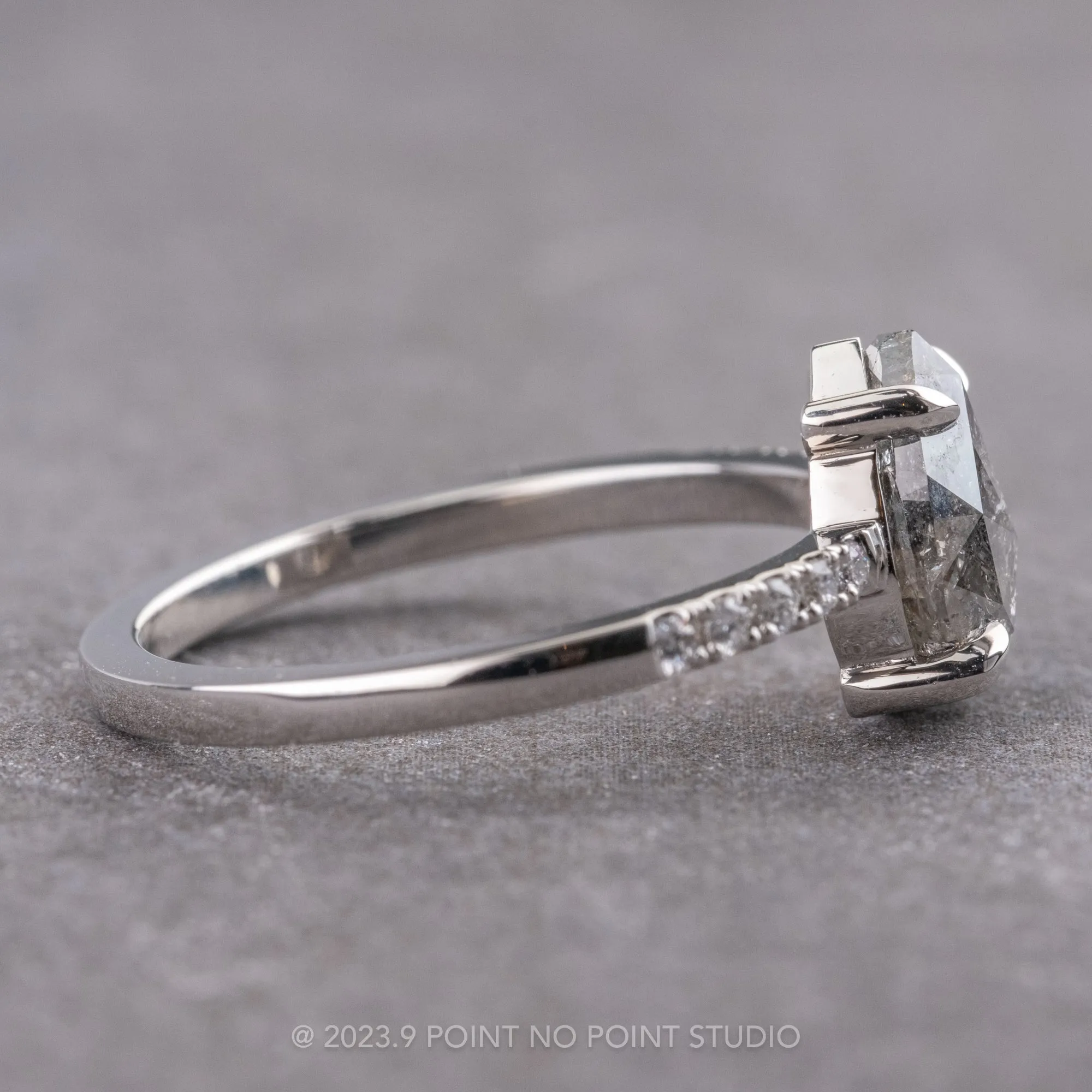 1.61 Carat Salt and Pepper Pear Diamond Engagement Ring, Jules Setting, 14k White Gold