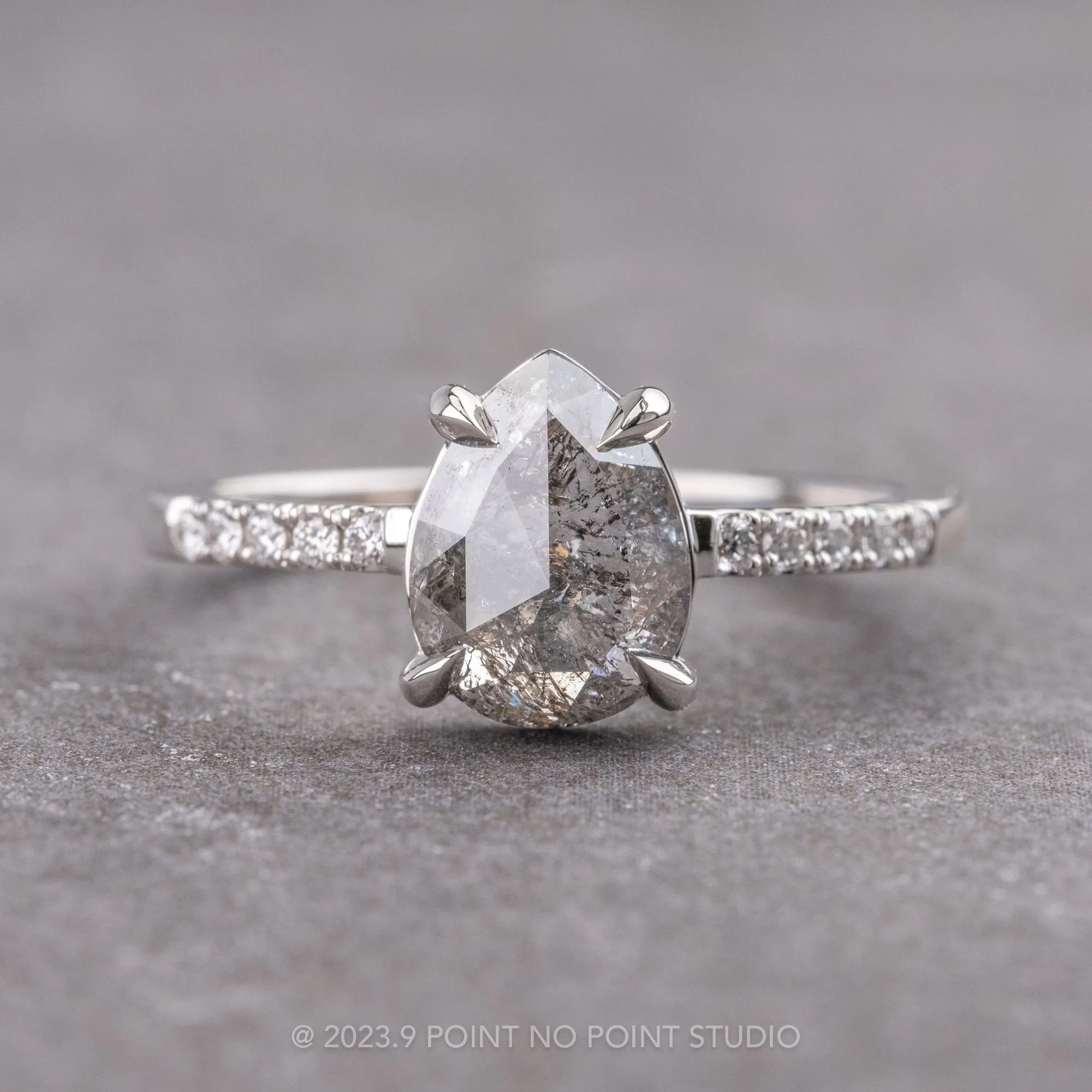 1.61 Carat Salt and Pepper Pear Diamond Engagement Ring, Jules Setting, 14k White Gold