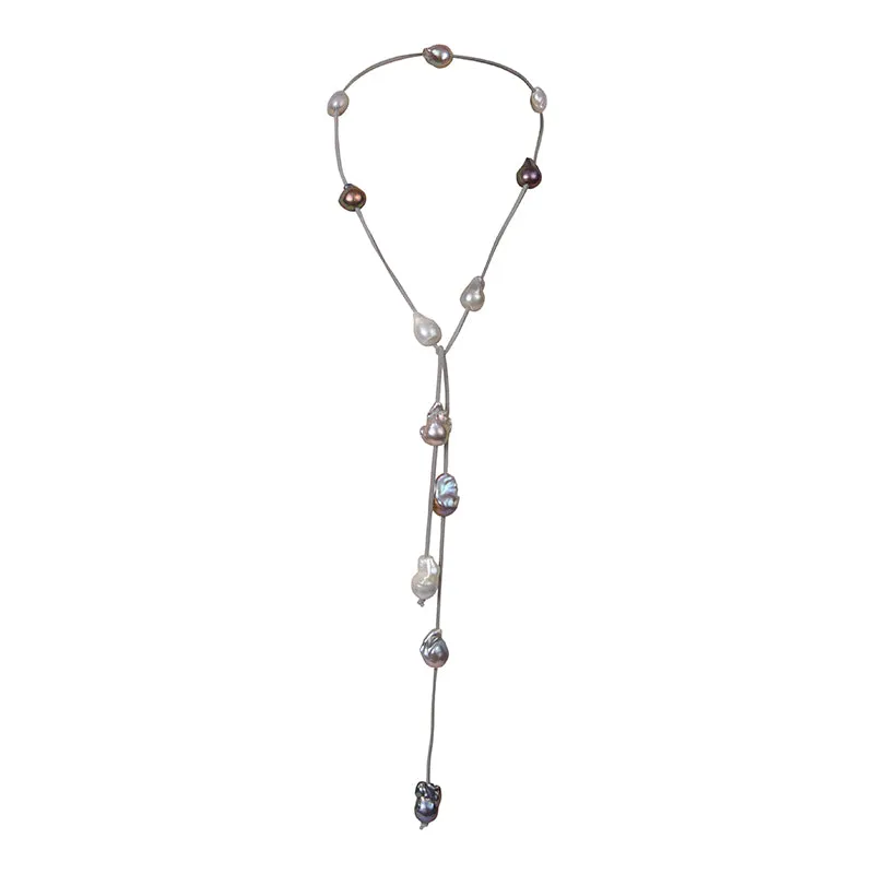 164-DM-07 | GRAY SUEDE LARIAT W/ DARK MIX WILD PEARLS