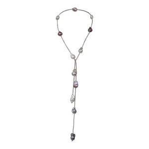 164-DM-07 | GRAY SUEDE LARIAT W/ DARK MIX WILD PEARLS