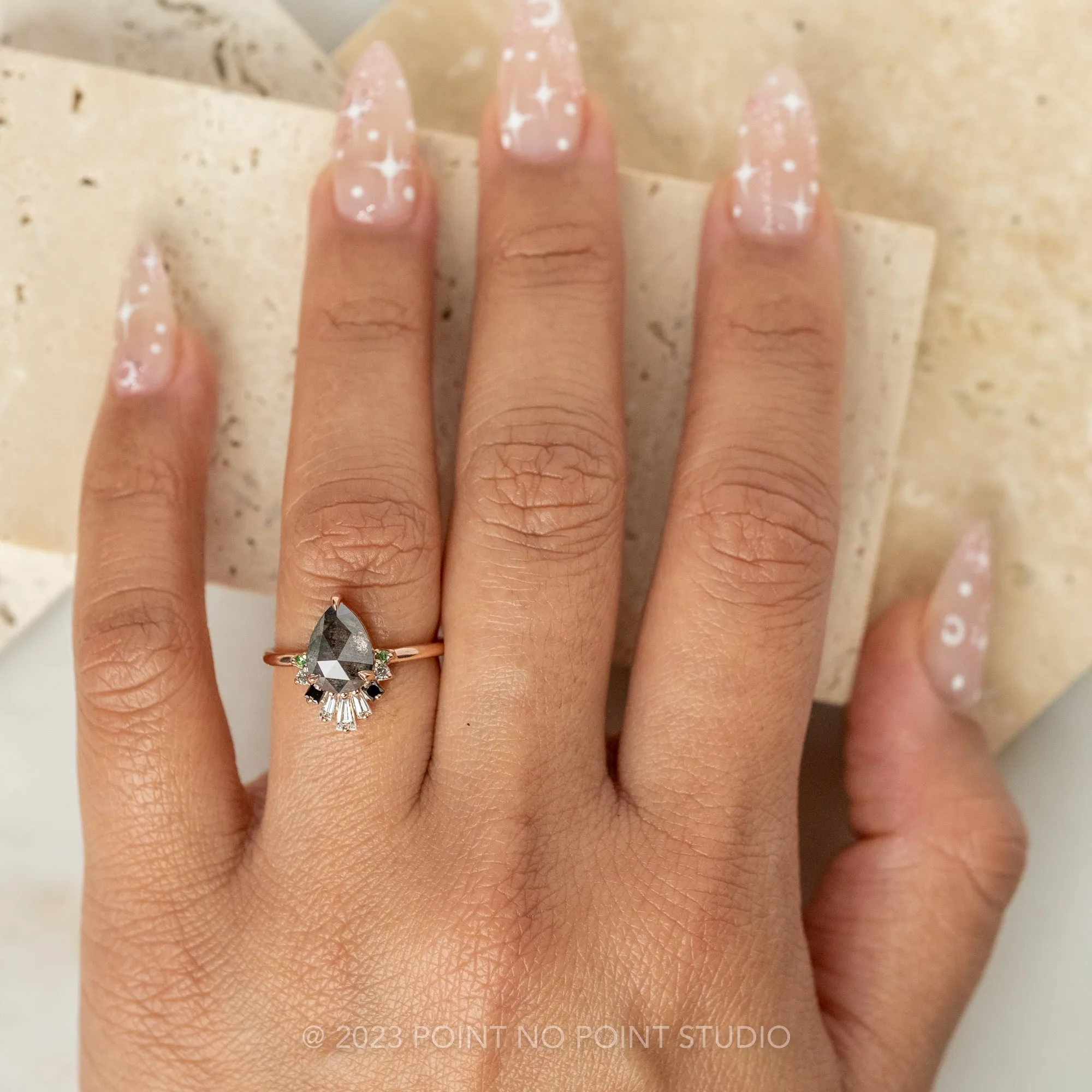1.87 Carat Salt and Pepper Pear Diamond Engagement Ring, Ombre Wren Setting, 14K Rose Gold