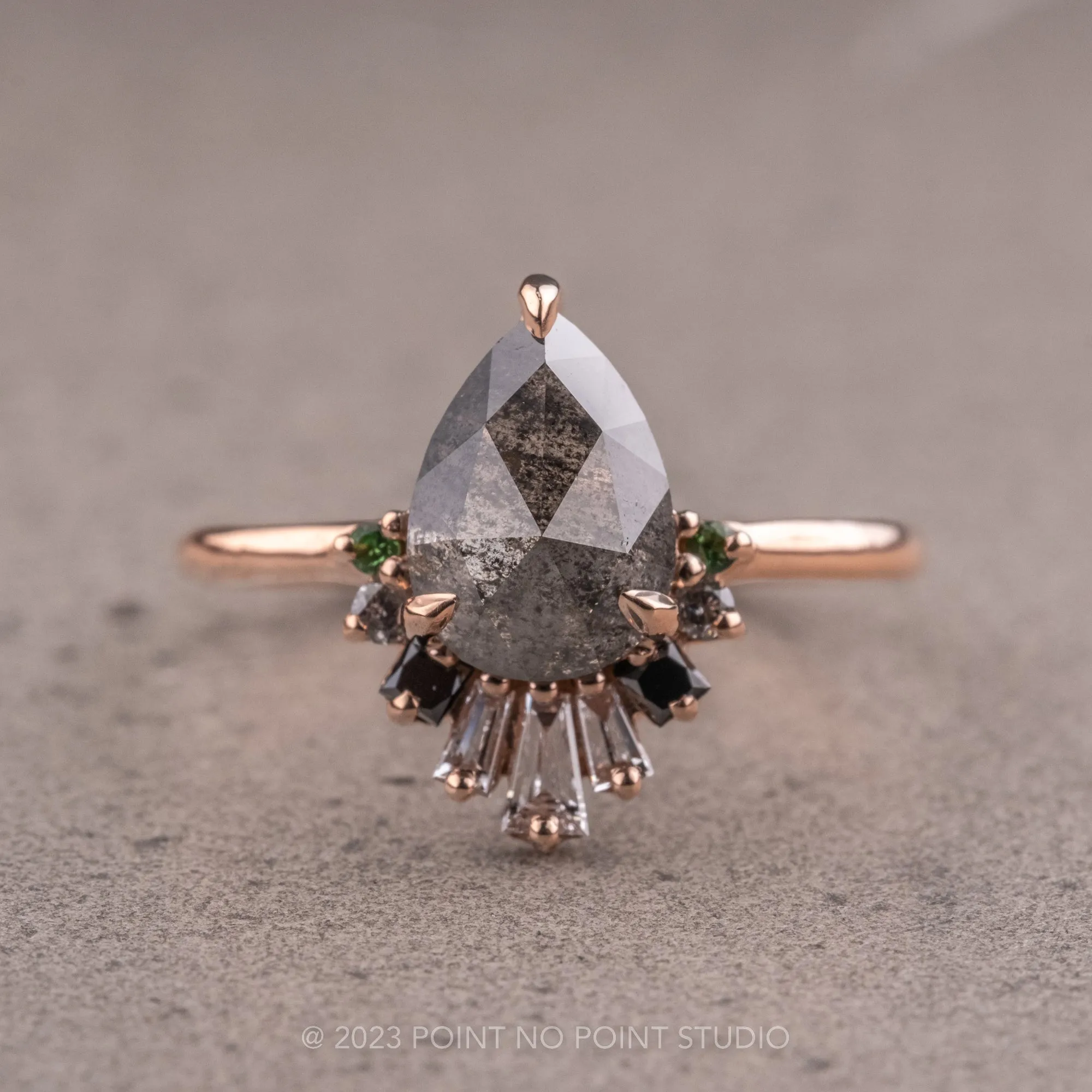 1.87 Carat Salt and Pepper Pear Diamond Engagement Ring, Ombre Wren Setting, 14K Rose Gold