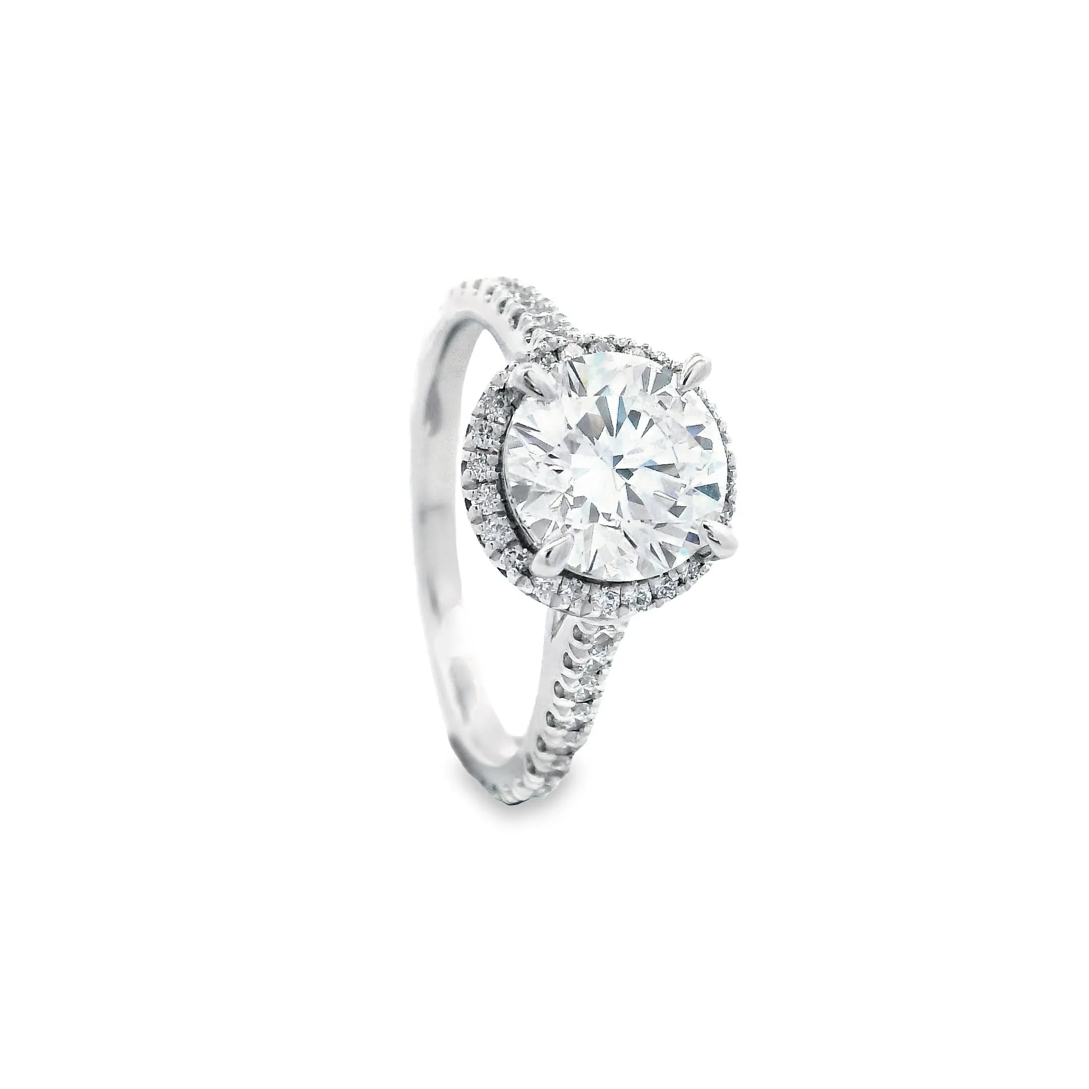 18ct White Gold Round Brilliant Lab Grown Diamond Halo and Shoulder Stone Ring TDW= 2.46ct
