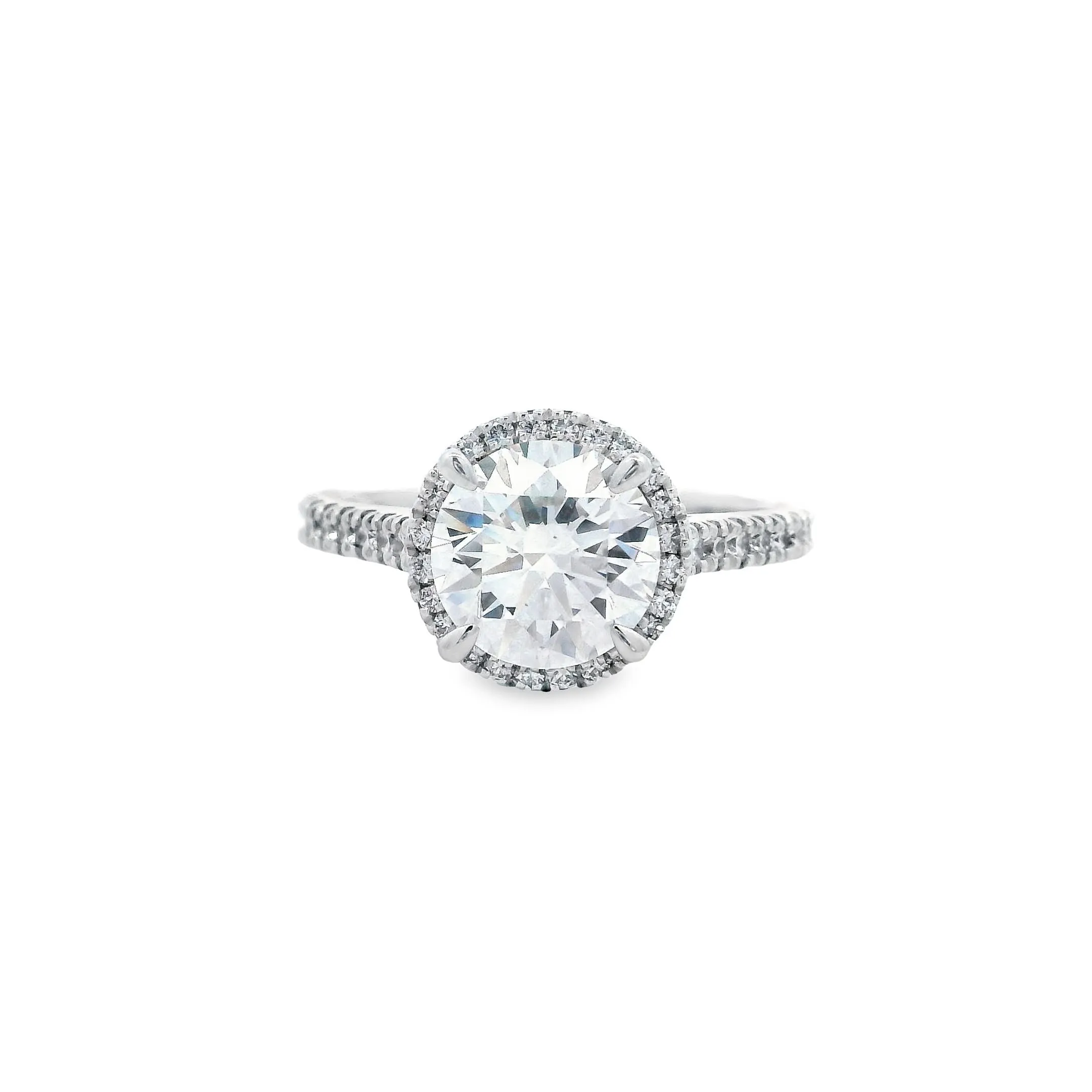 18ct White Gold Round Brilliant Lab Grown Diamond Halo and Shoulder Stone Ring TDW= 2.46ct