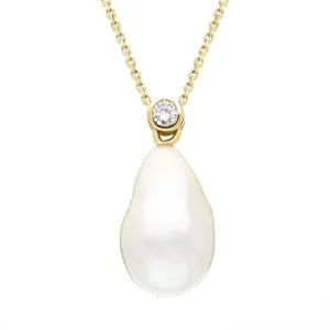 18ct Yellow Gold White Akoya Pearl Drop 0.10ct Diamond Necklace D