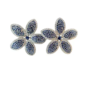 18k White Gold 6.65ct Round Blue Sapphire and 4.80ct F VS2 Round Diamond Flower Earrings