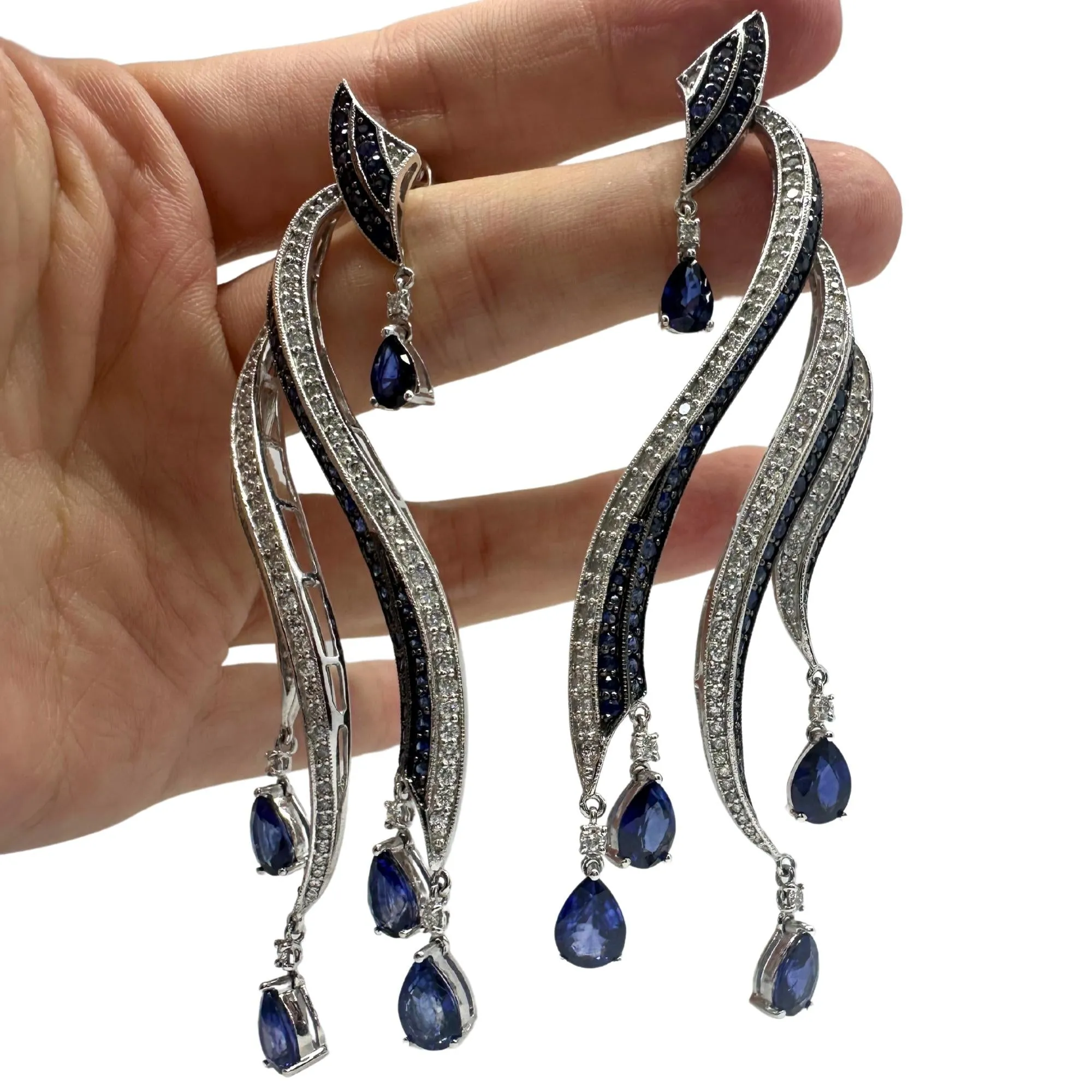 18K White Gold Diamond and Pear Cut Sapphire Flowing Casade Earrings