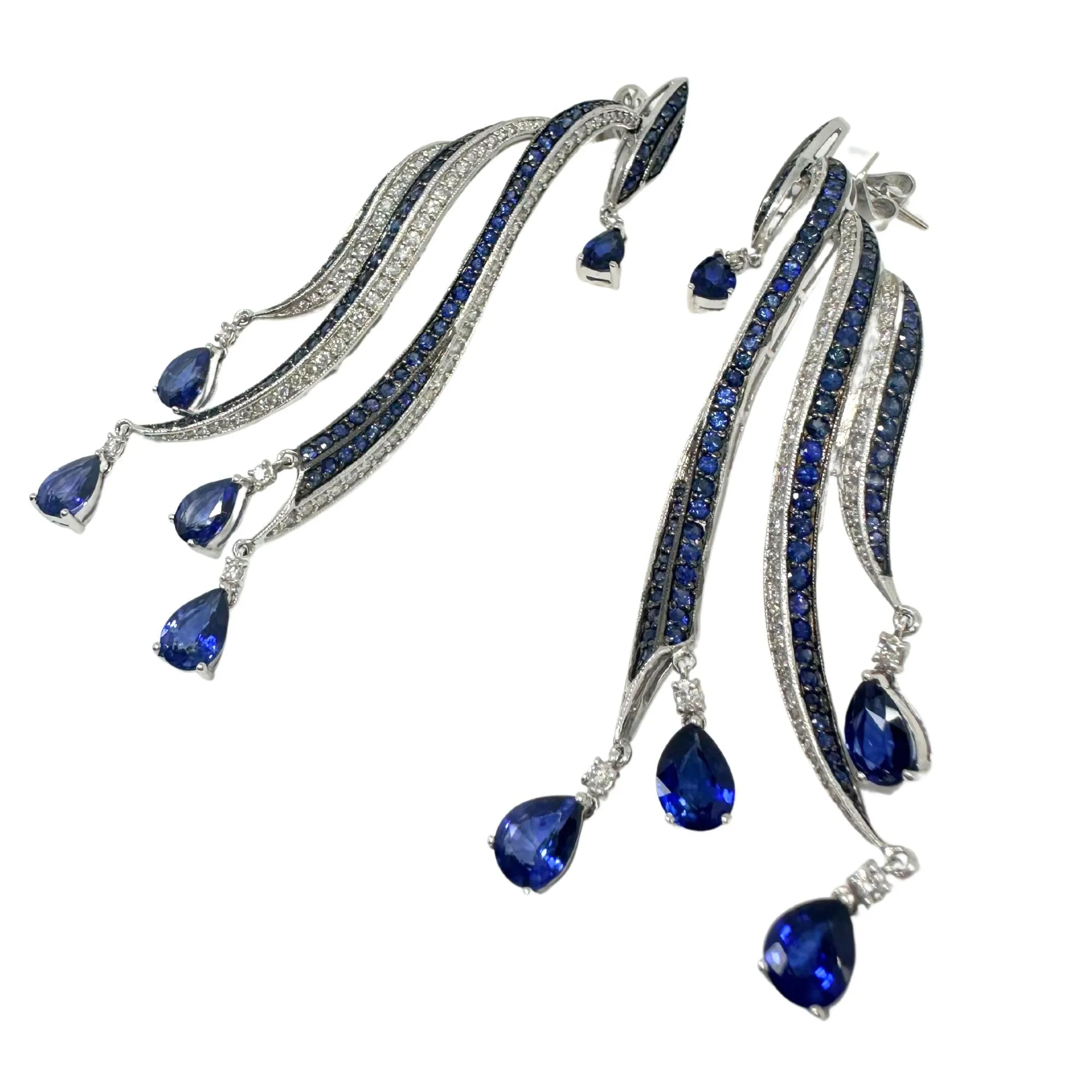 18K White Gold Diamond and Pear Cut Sapphire Flowing Casade Earrings