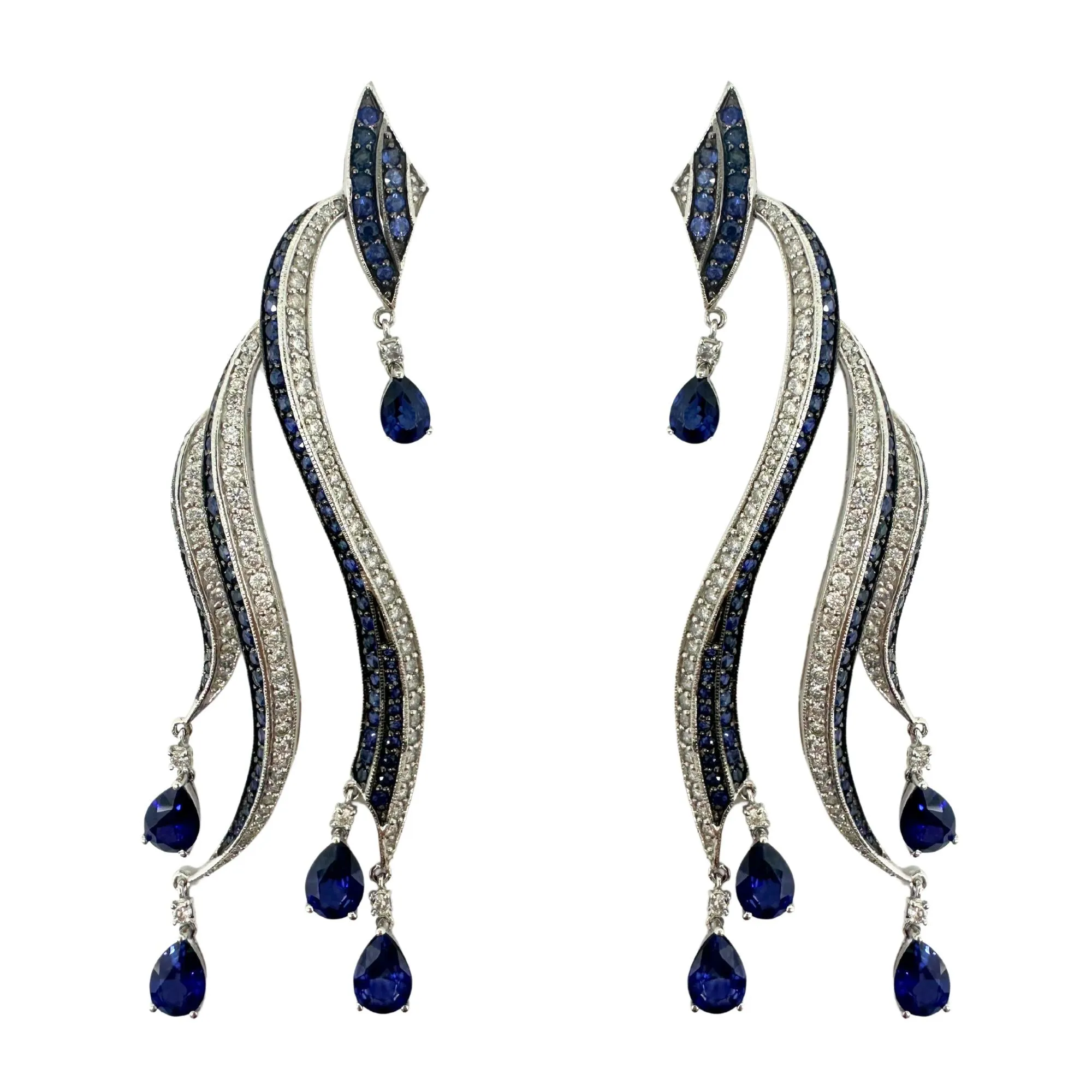 18K White Gold Diamond and Pear Cut Sapphire Flowing Casade Earrings