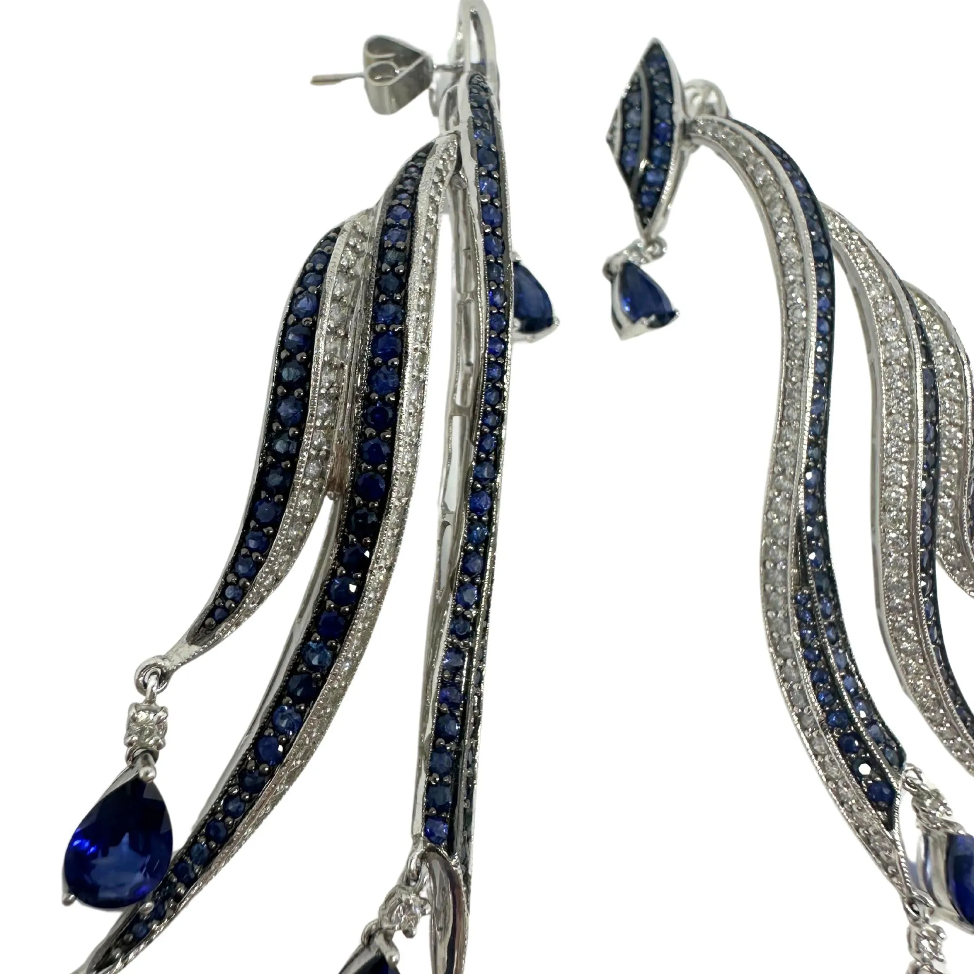 18K White Gold Diamond and Pear Cut Sapphire Flowing Casade Earrings
