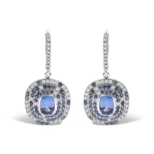 18K White Gold Natural Blue Sapphire and Diamond Scattered Halo Drop and Dangle Leverback Earrings (H-I Color, SI1-SI2 Clarity)