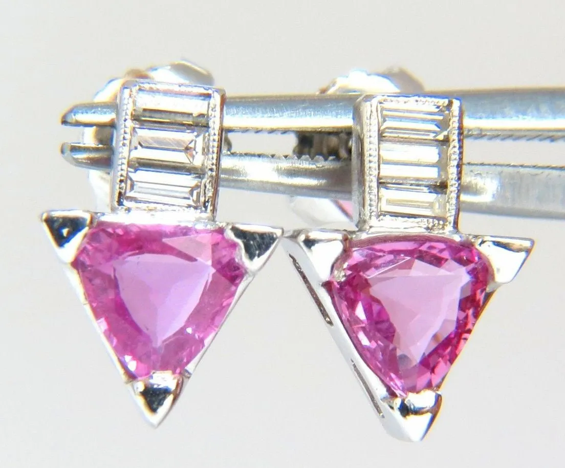 1.90ct natural vivid pink trilliant sapphire diamonds stud earrings 14kt